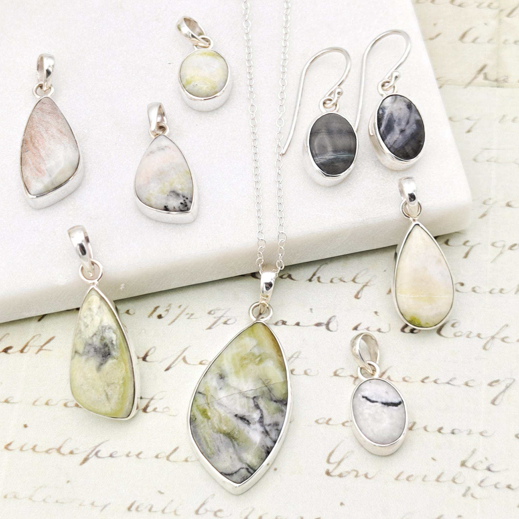 Hepburn and Hughes Isle of Skye Marble Pendant | Scottish Gift | Pink Shades Stone | Sterling Silver