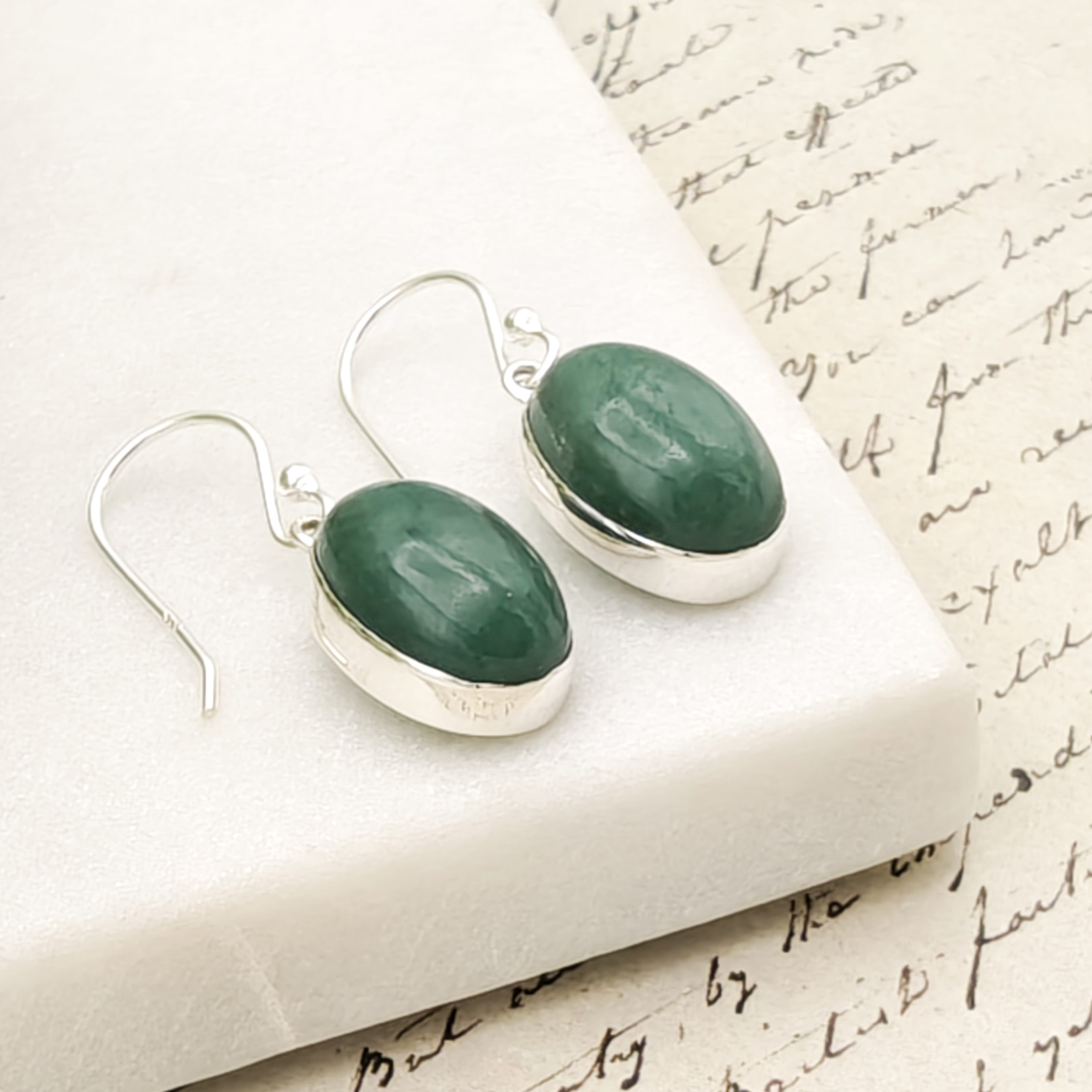 Hepburn and Hughes Jade 15mm Oval Earrings | Green Gemstone | 35th Anniversary | Sterling Silver