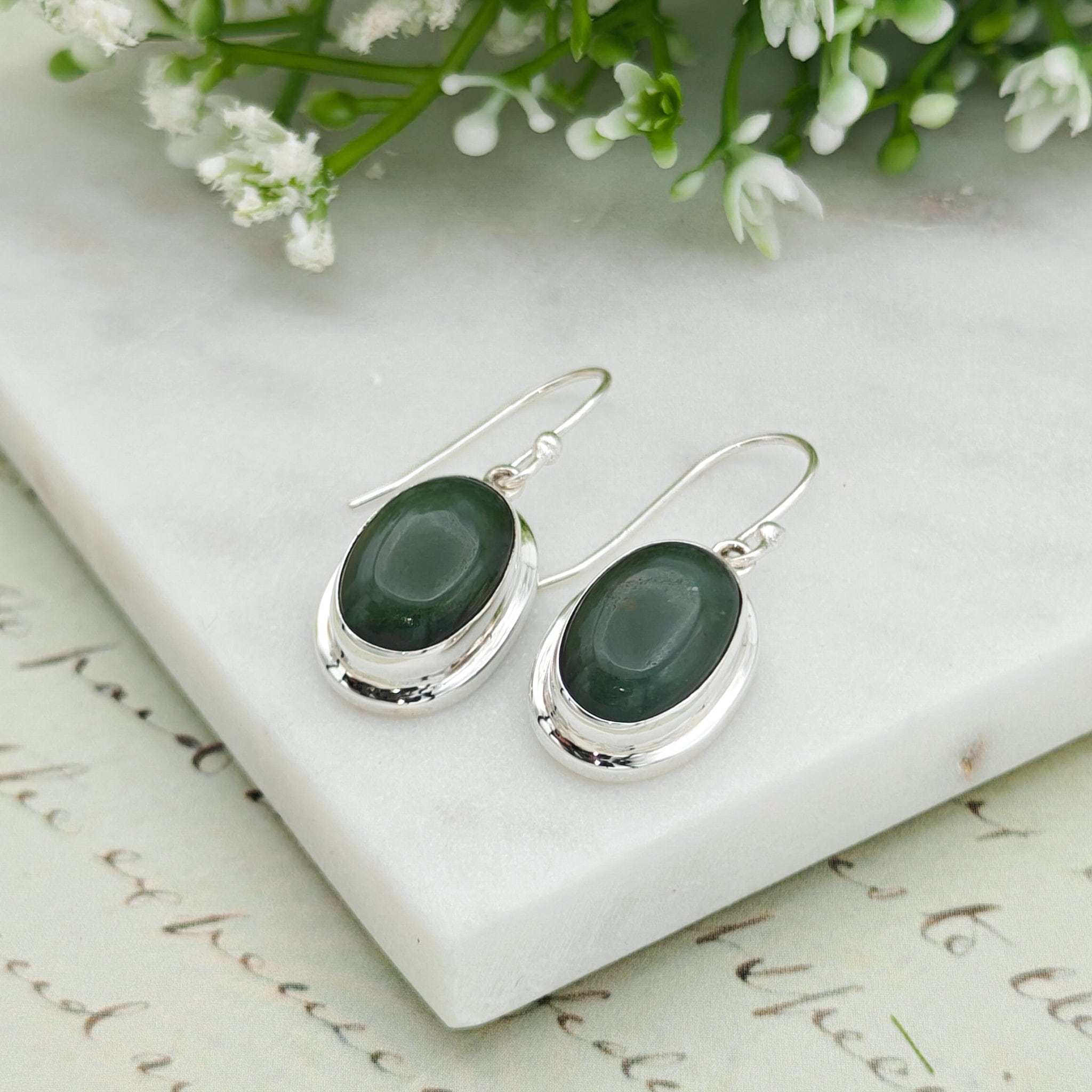 Hepburn and Hughes Jade 15mm Oval Earrings | Green Gemstone | 35th Anniversary | Sterling Silver