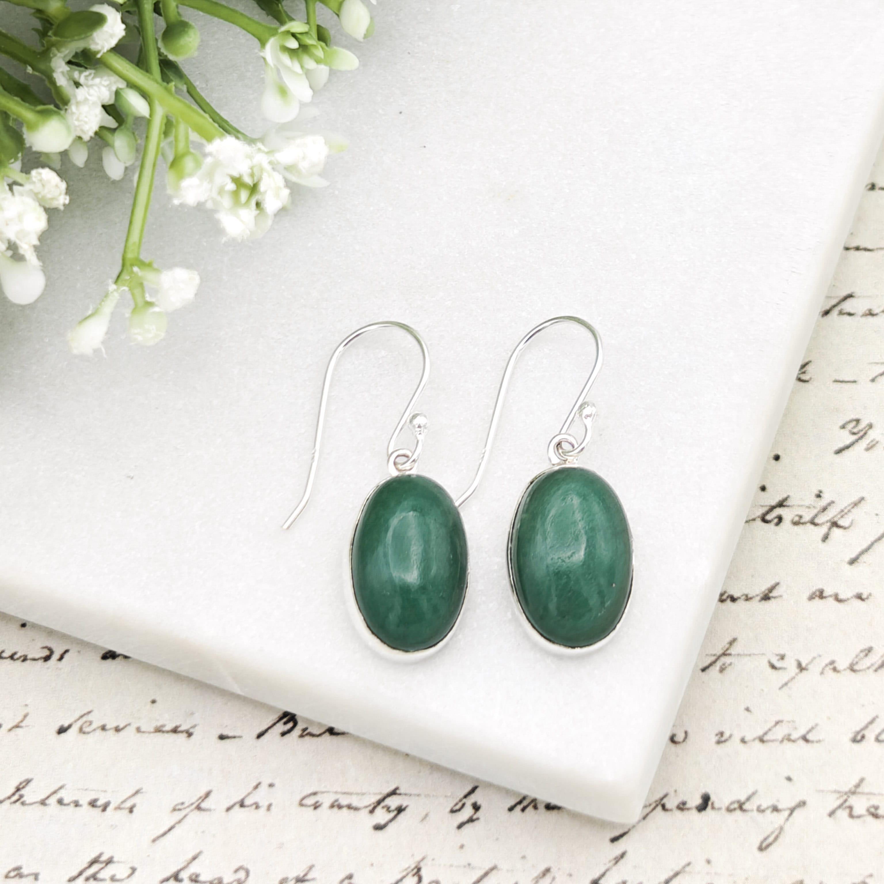 Hepburn and Hughes Jade 15mm Oval Earrings | Green Gemstone | 35th Anniversary | Sterling Silver