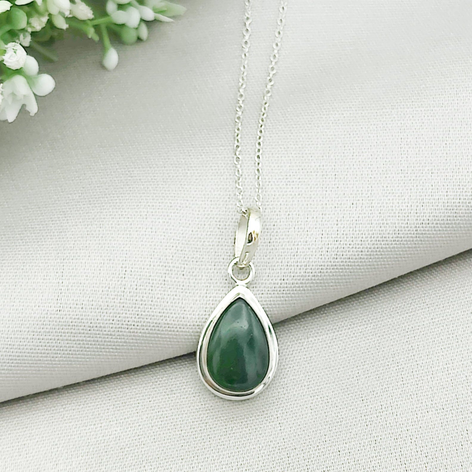 Hepburn and Hughes Jade Pendant | 15mm Teardrop | 35th Anniversary | Sterling Silver