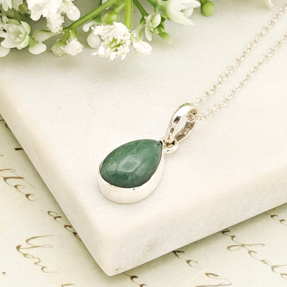 Hepburn and Hughes Jade Pendant | 15mm Teardrop | 35th Anniversary | Sterling Silver