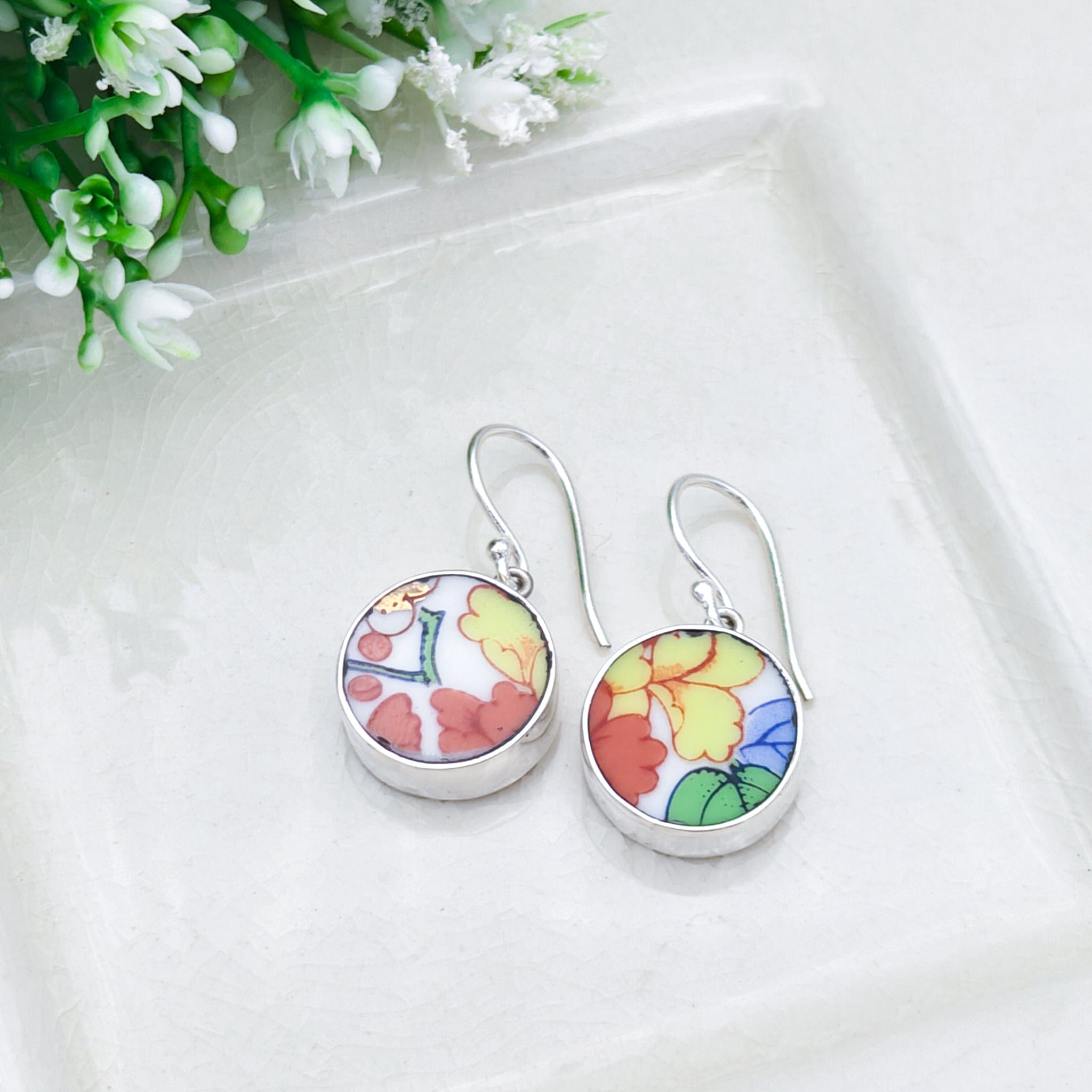 Hepburn & Hughes Japanese Imari Earrings | Round Porcelain Drop | Sterling Silver