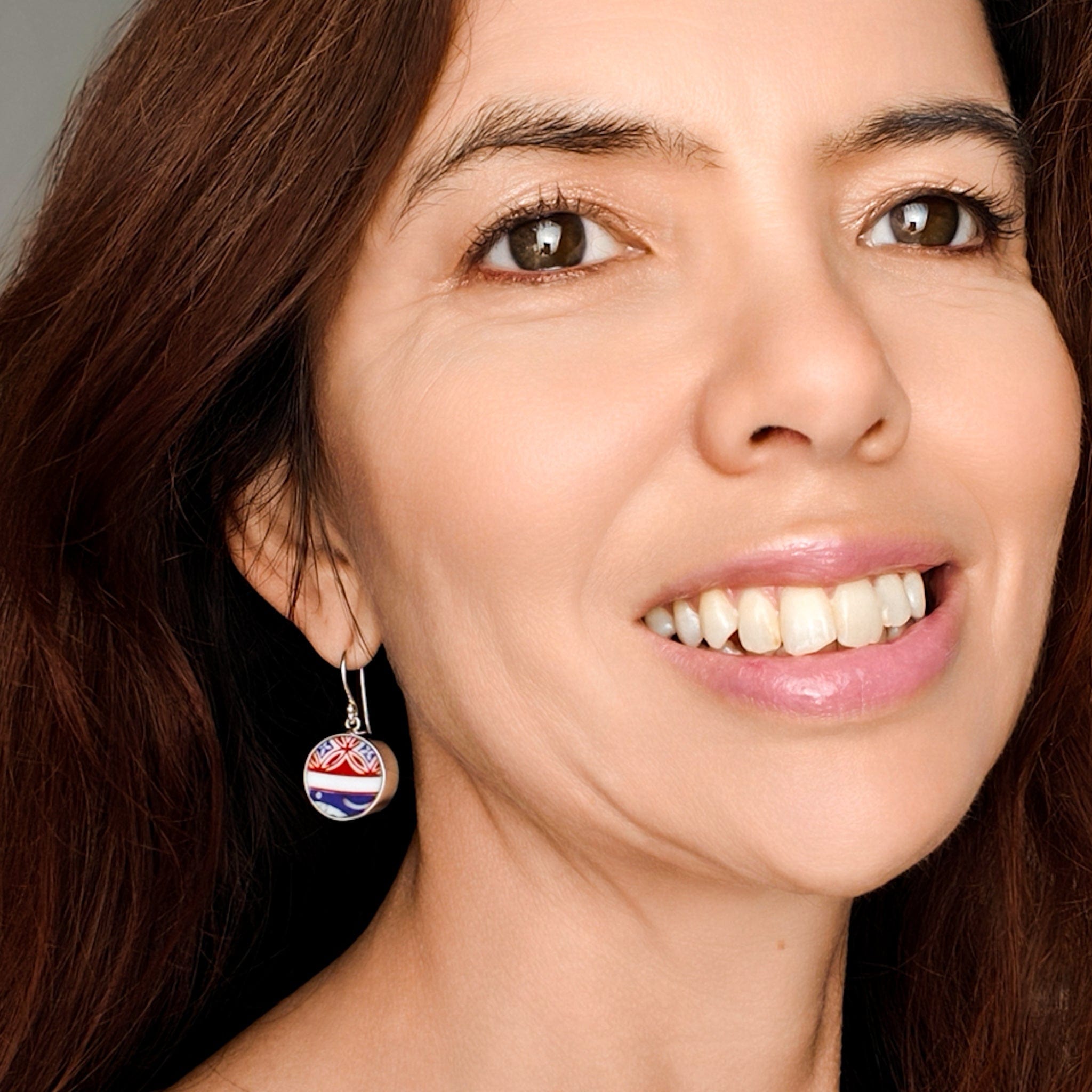 Hepburn & Hughes Japanese Imari Earrings | Round Porcelain Drop | Sterling Silver