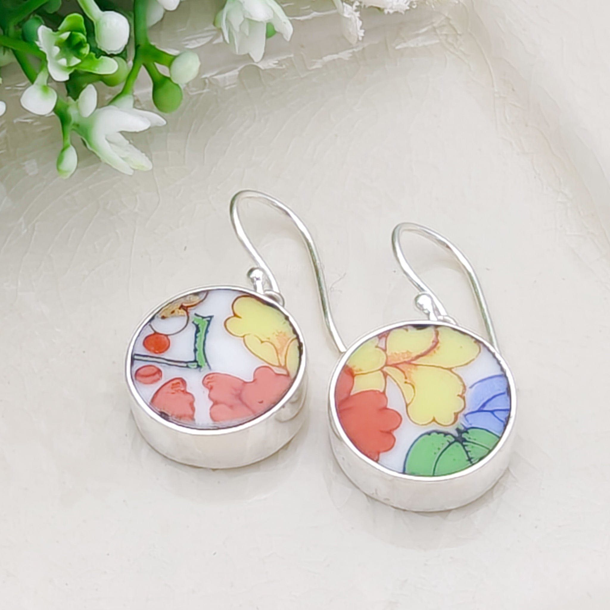 Hepburn & Hughes Japanese Imari Earrings | Round Porcelain Drop | Sterling Silver