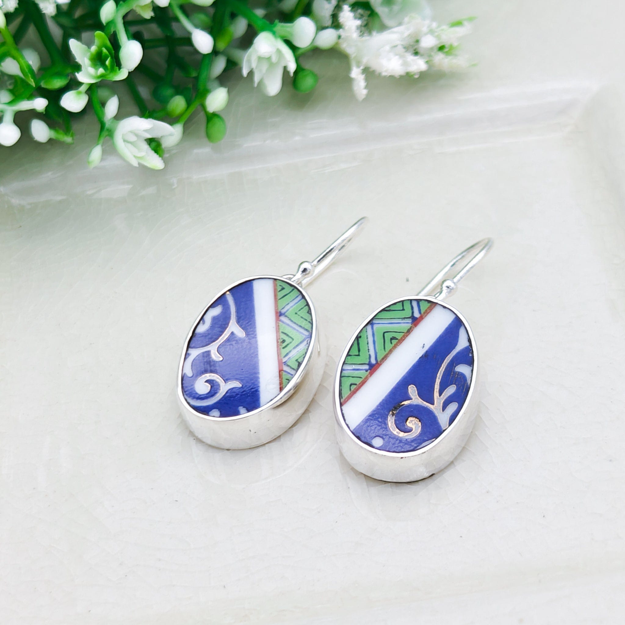 Hepburn & Hughes Japanese Imari Earrings | Upcycled Porcelain | 18th anniversary gift | Sterling Silver