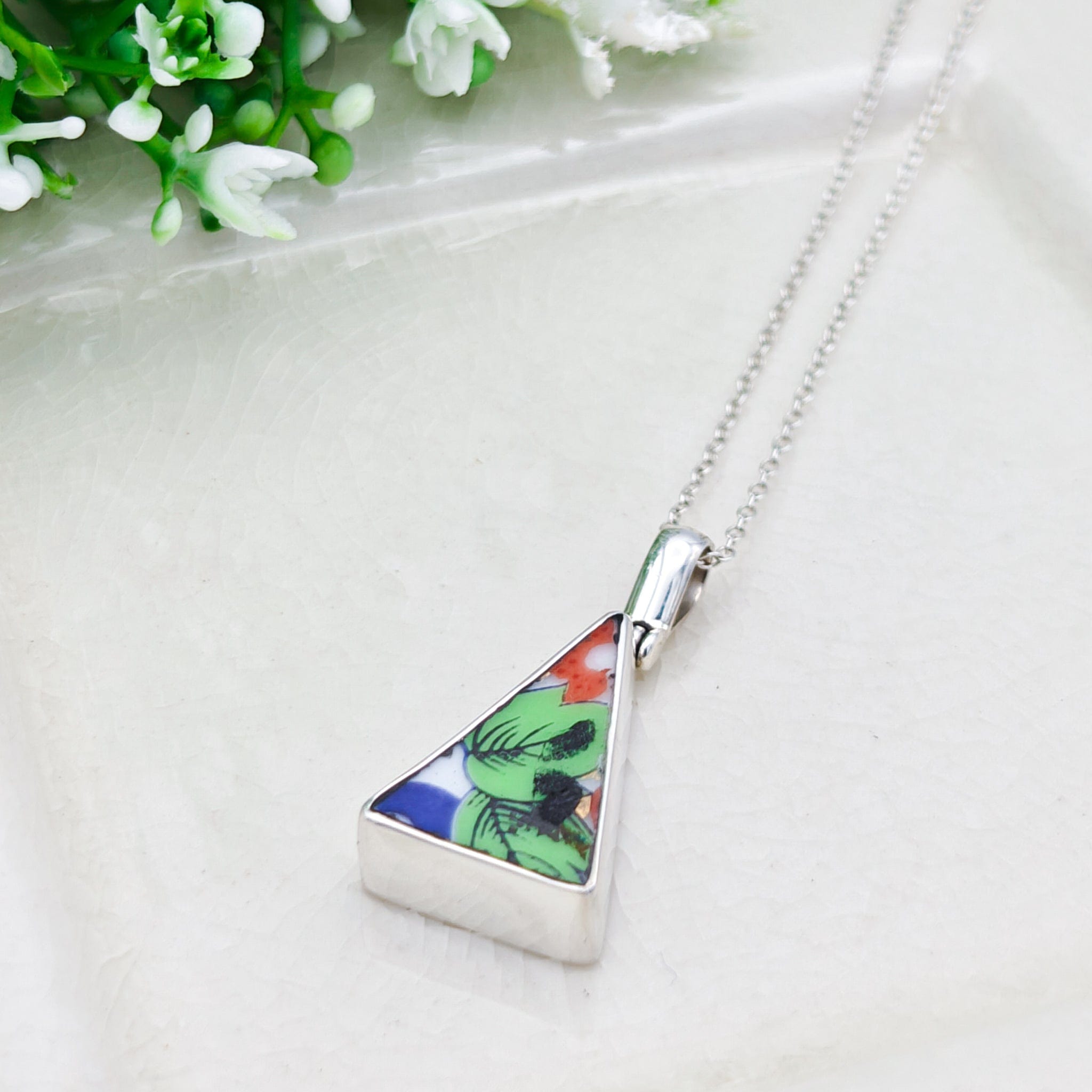Hepburn & Hughes Japanese Imari Pendant | 18mm Triangle | 18th Wedding Anniversary | Sterling Silver