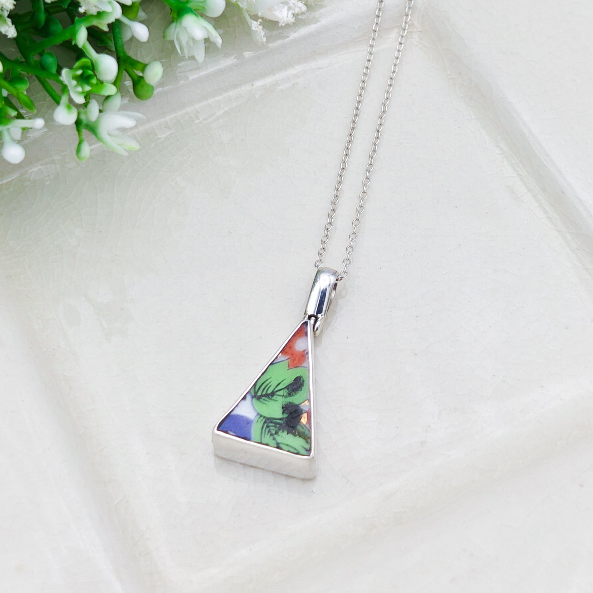 Hepburn & Hughes Japanese Imari Pendant | 18mm Triangle | 18th Wedding Anniversary | Sterling Silver
