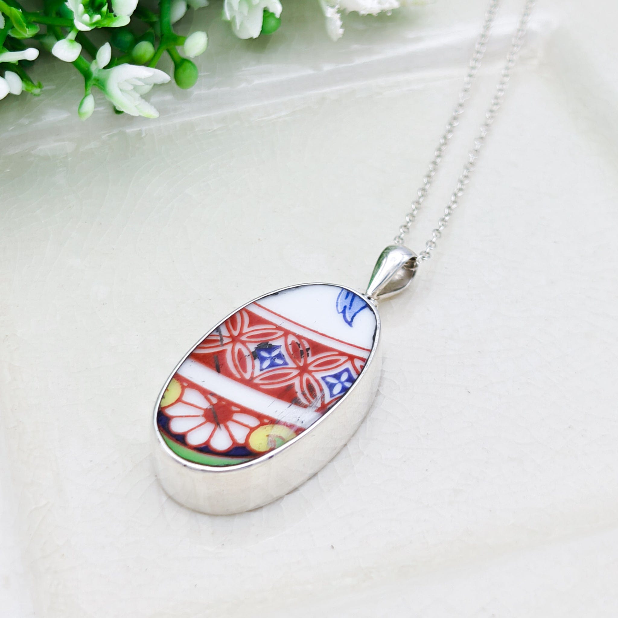 Hepburn & Hughes Japanese Imari Pendant | 30mm Oval Porcelain | 18th Wedding anniversary | Sterling Silver