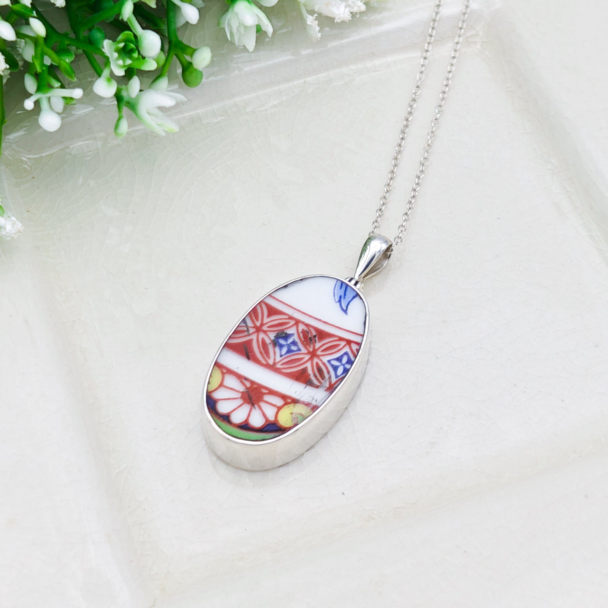 Hepburn & Hughes Japanese Imari Pendant | 30mm Oval Porcelain | 18th Wedding anniversary | Sterling Silver