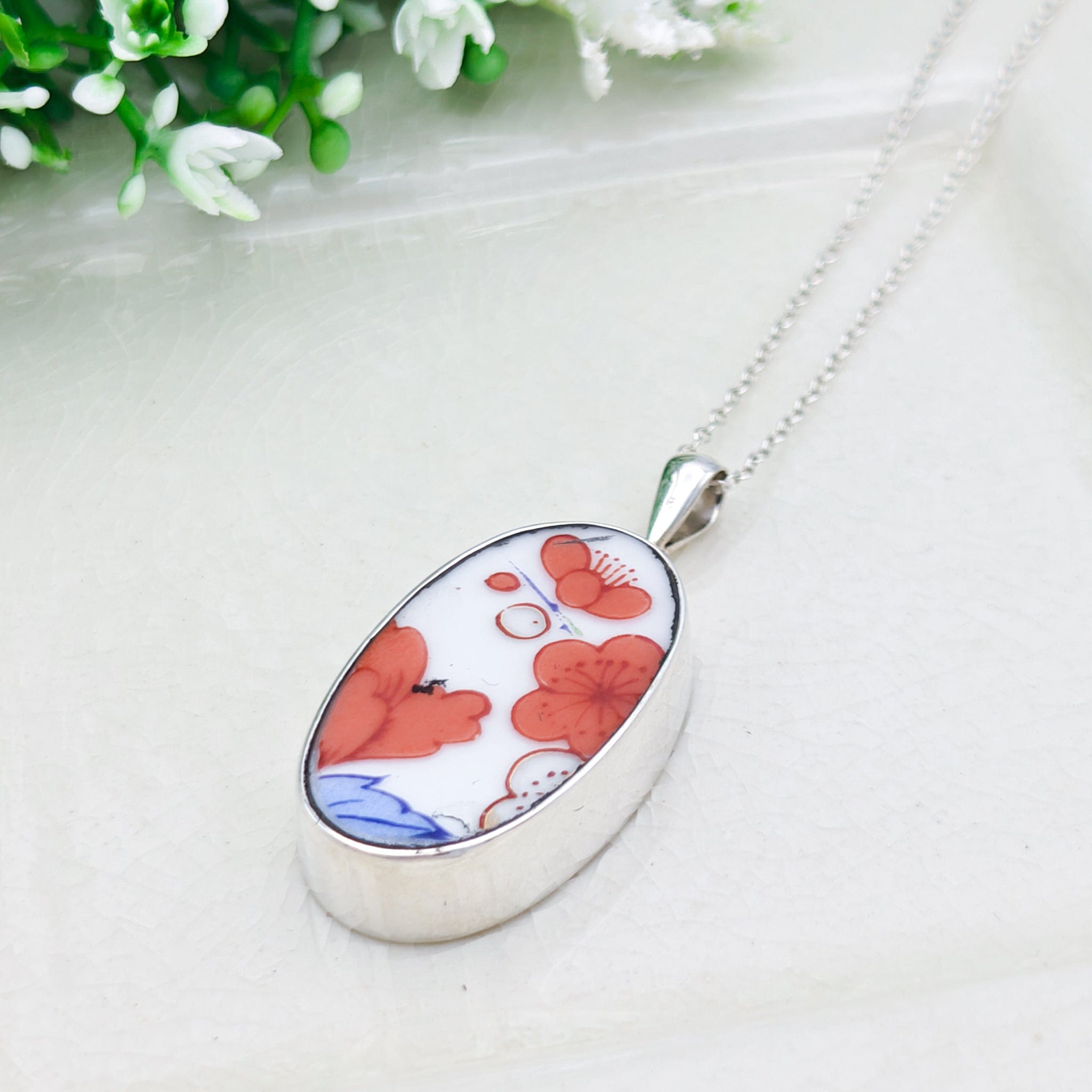 Hepburn & Hughes Japanese Imari Pendant | 30mm Oval Porcelain | 18th Wedding anniversary | Sterling Silver
