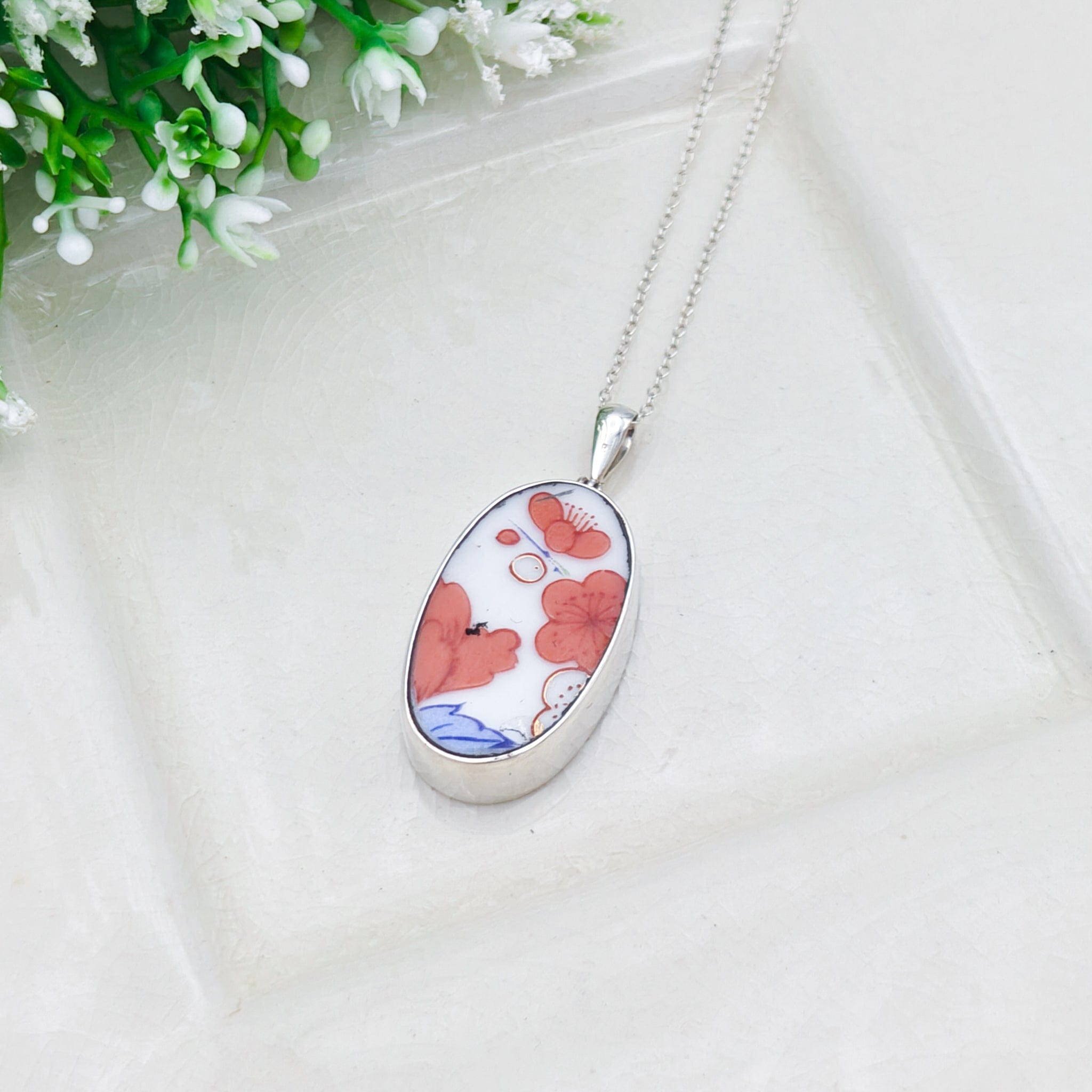 Hepburn & Hughes Japanese Imari Pendant | 30mm Oval Porcelain | 18th Wedding anniversary | Sterling Silver