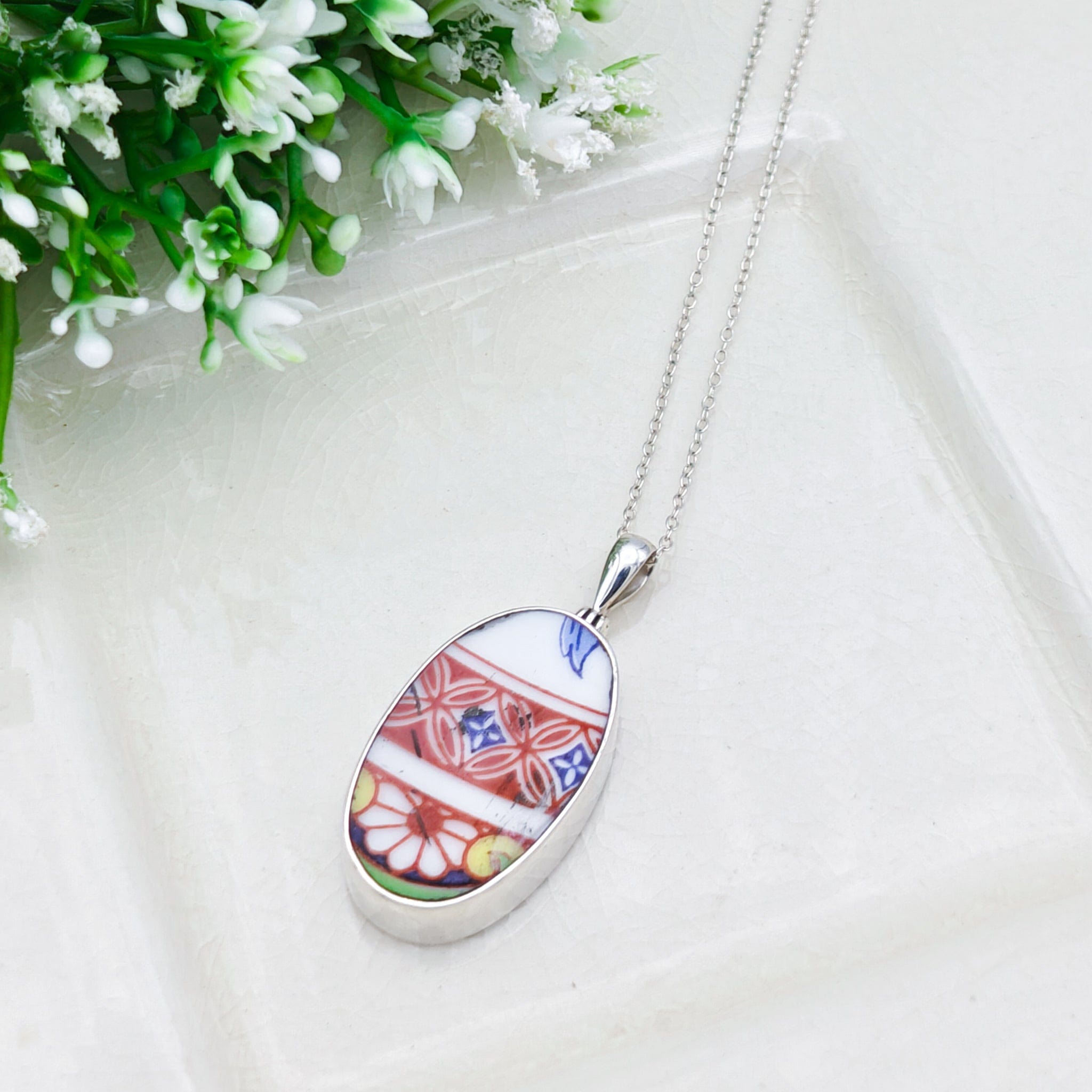 Hepburn & Hughes Japanese Imari Pendant | 30mm Oval Porcelain | 18th Wedding anniversary | Sterling Silver