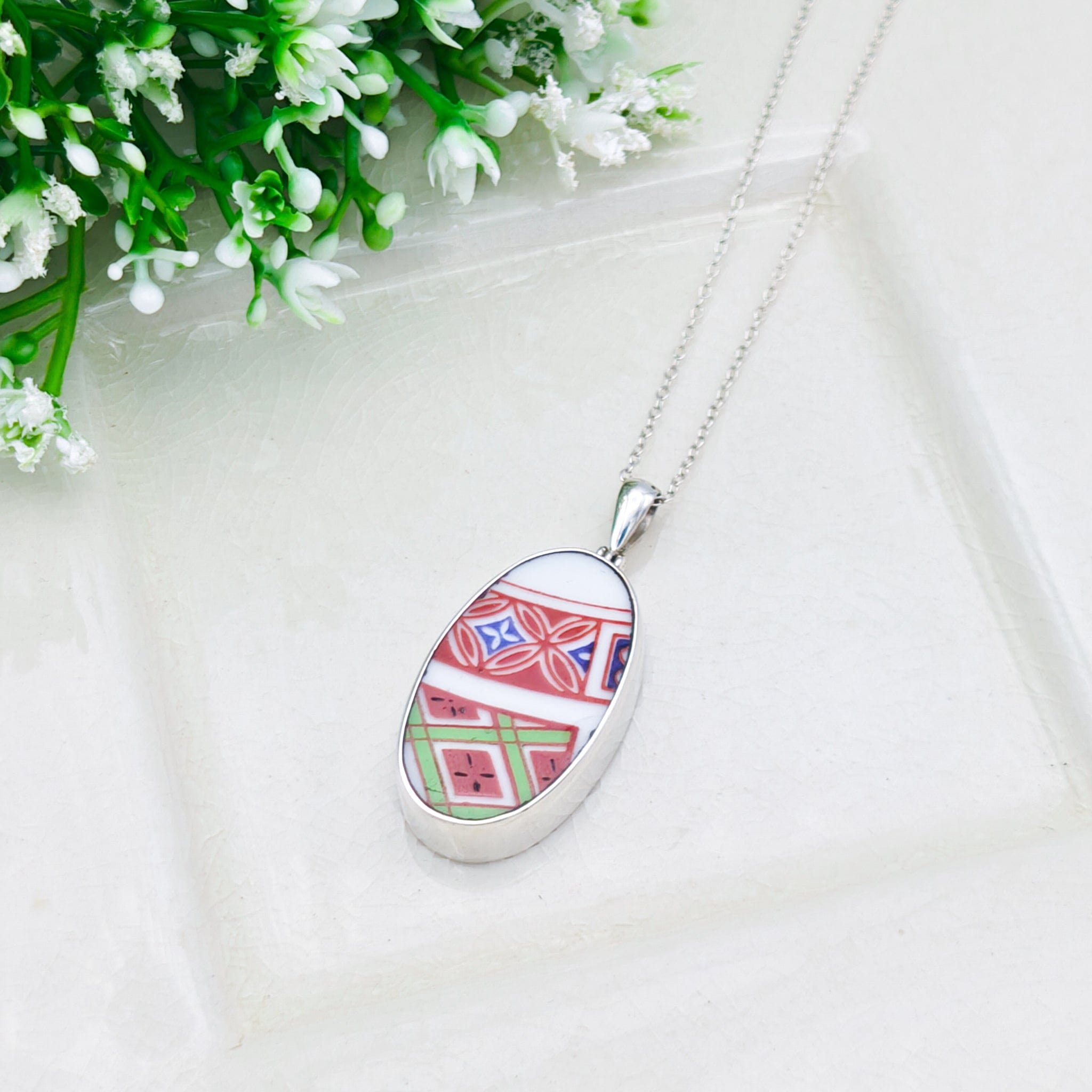 Hepburn & Hughes Japanese Imari Pendant | Upcycled Porcelain | 18th Wedding anniversary | Sterling Silver