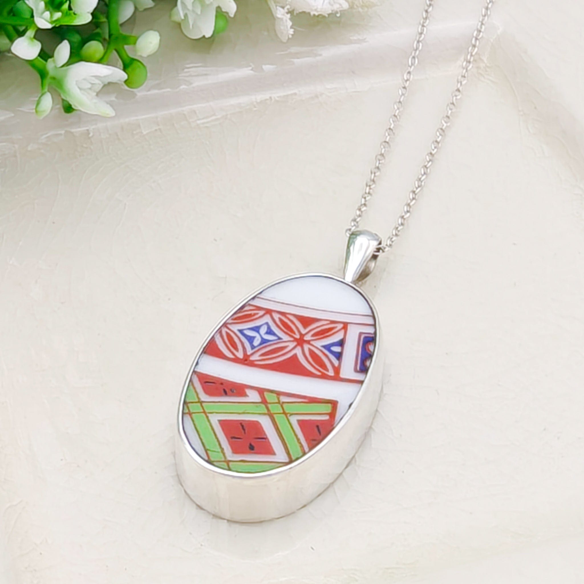 Hepburn & Hughes Japanese Imari Pendant | Upcycled Porcelain | 18th Wedding anniversary | Sterling Silver