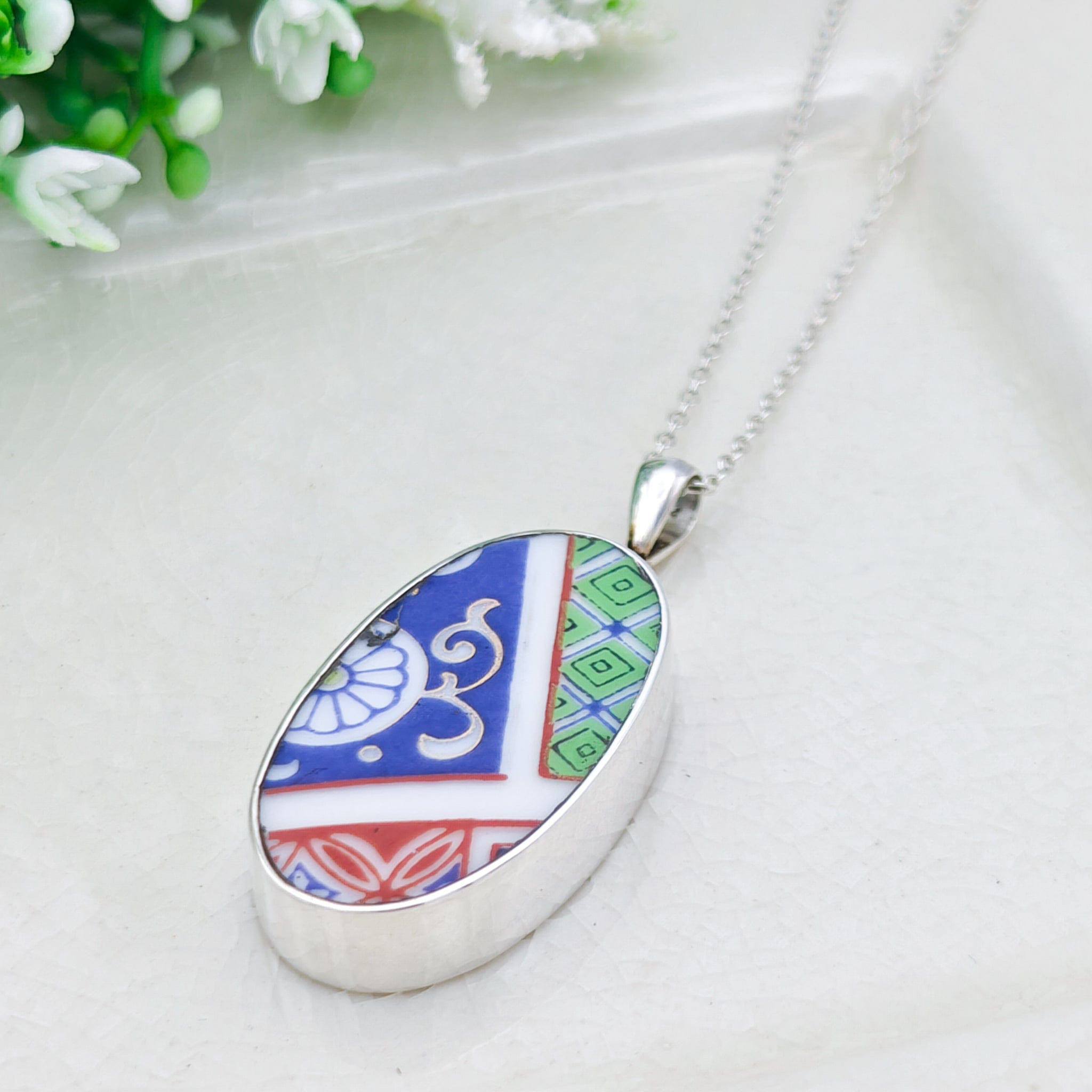Hepburn & Hughes Japanese Imari Pendant | Upcycled Porcelain | 18th Wedding anniversary | Sterling Silver
