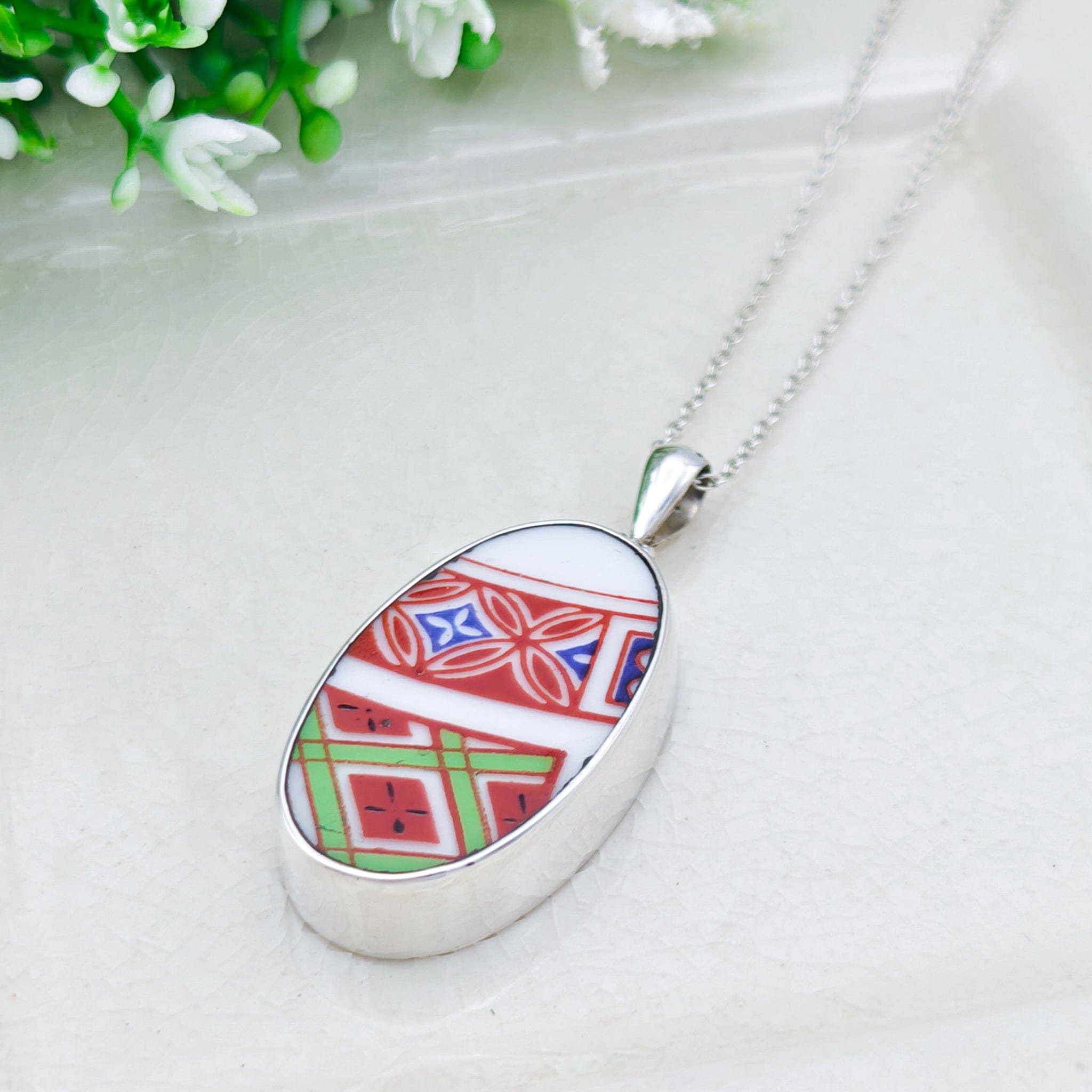Hepburn & Hughes Japanese Imari Pendant | Upcycled Porcelain | 18th Wedding anniversary | Sterling Silver