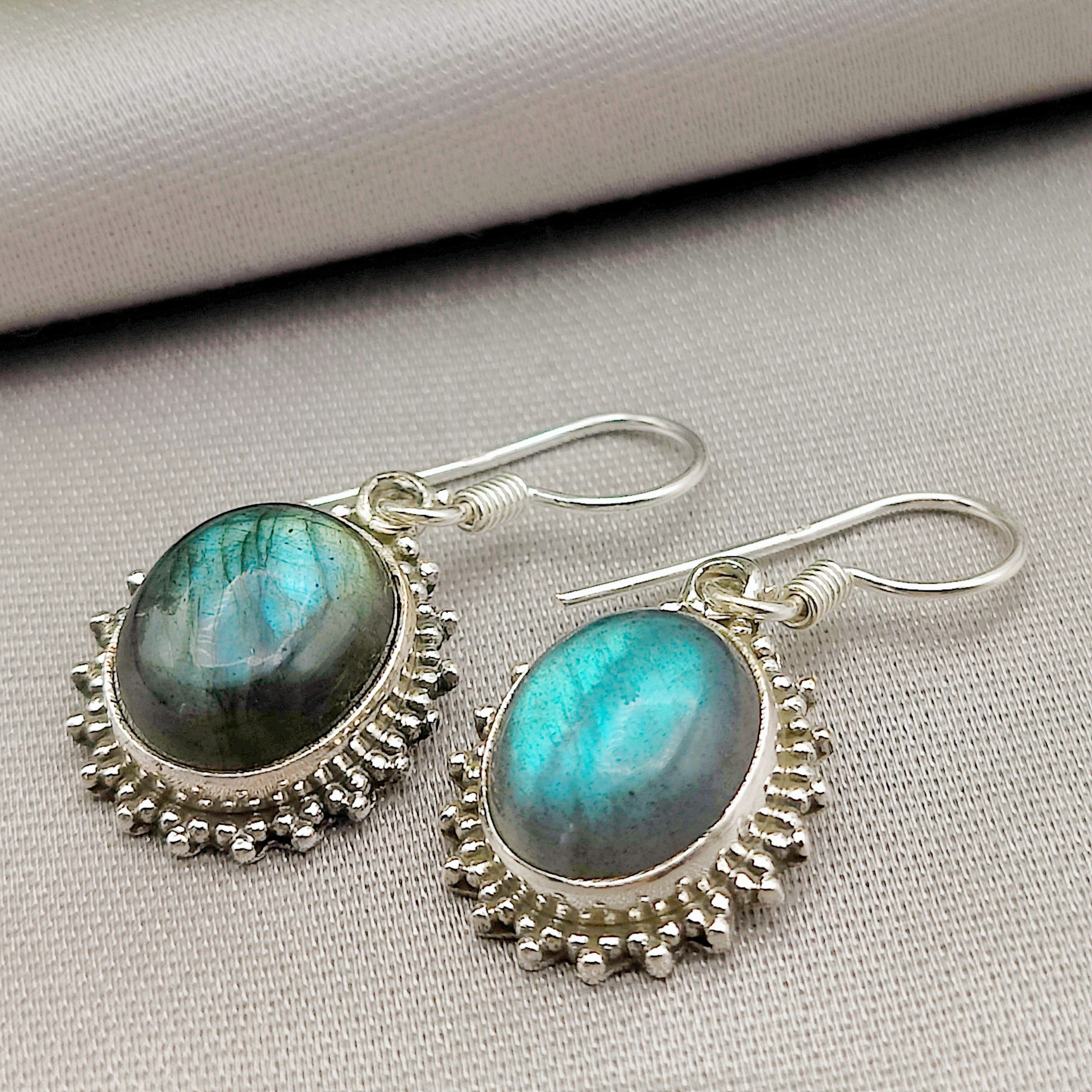 Hepburn and Hughes Labradorite Earrings | Beaded Oval | Sterling Silver