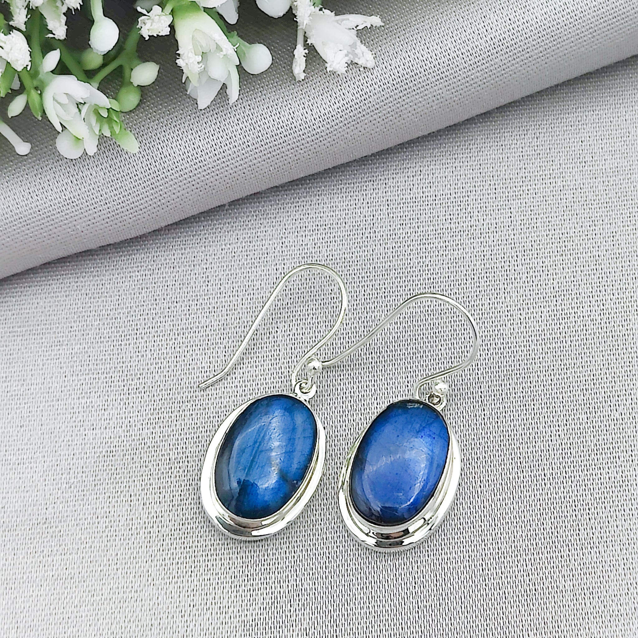 Hepburn and Hughes Labradorite Earrings | Blue Oval Gemstone | Sterling Silver