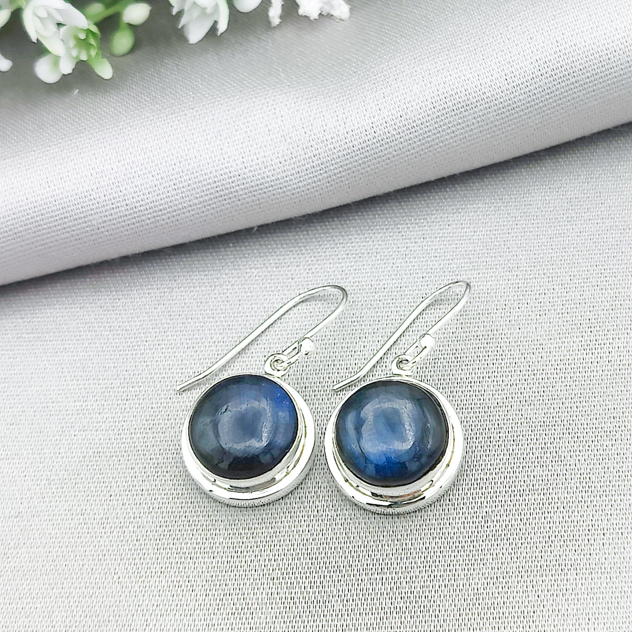 Hepburn and Hughes Labradorite Earrings | Blue Oval or Round Gemstones | Sterling Silver