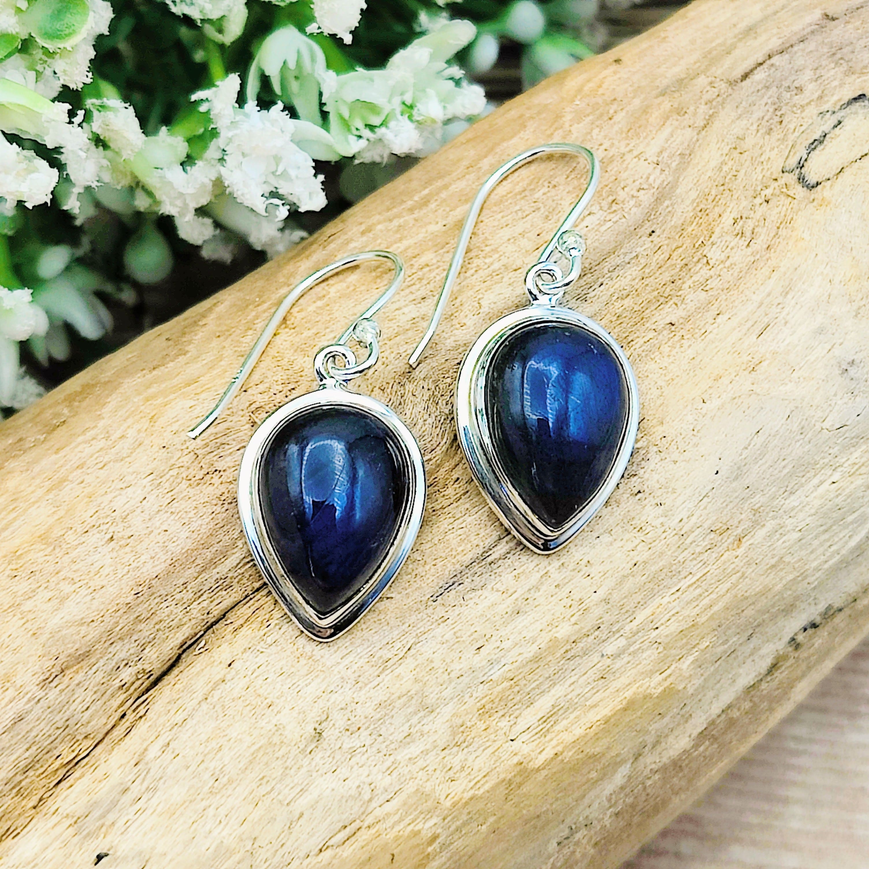 Hepburn and Hughes Labradorite Earrings | Double Bezel | Teardrop | Sterling Silver