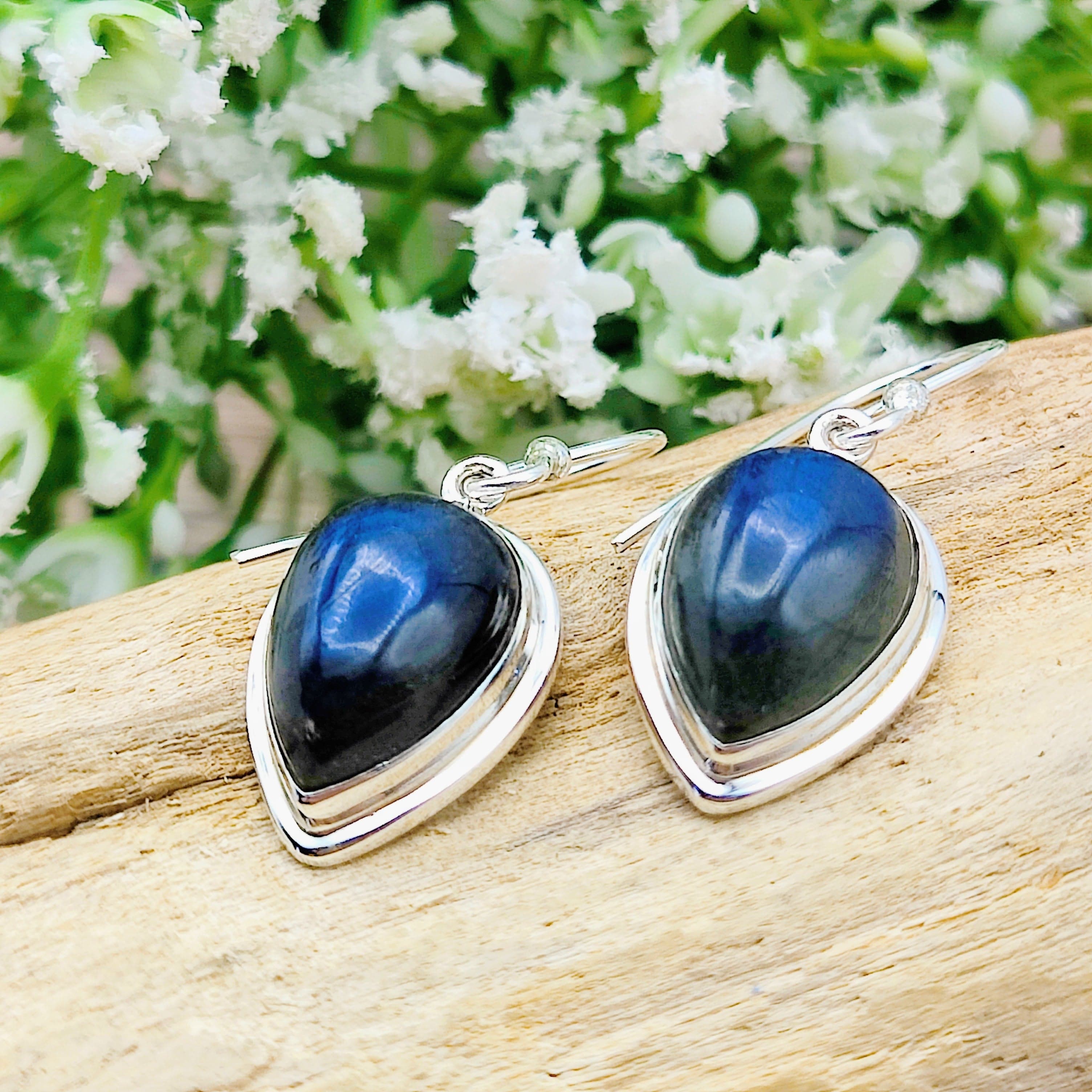 Hepburn and Hughes Labradorite Earrings | Double Bezel | Teardrop | Sterling Silver