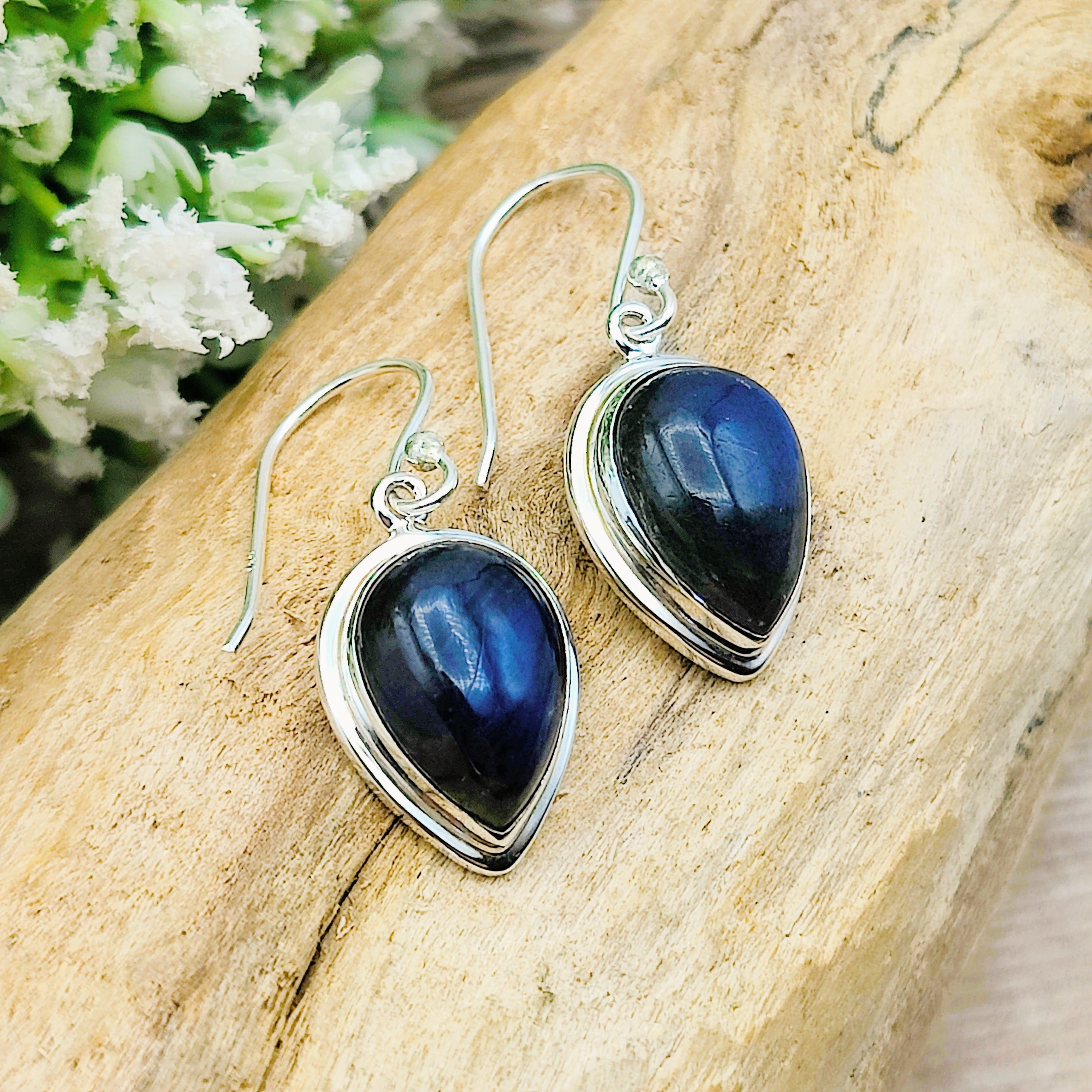 Hepburn and Hughes Labradorite Earrings | Double Bezel | Teardrop | Sterling Silver