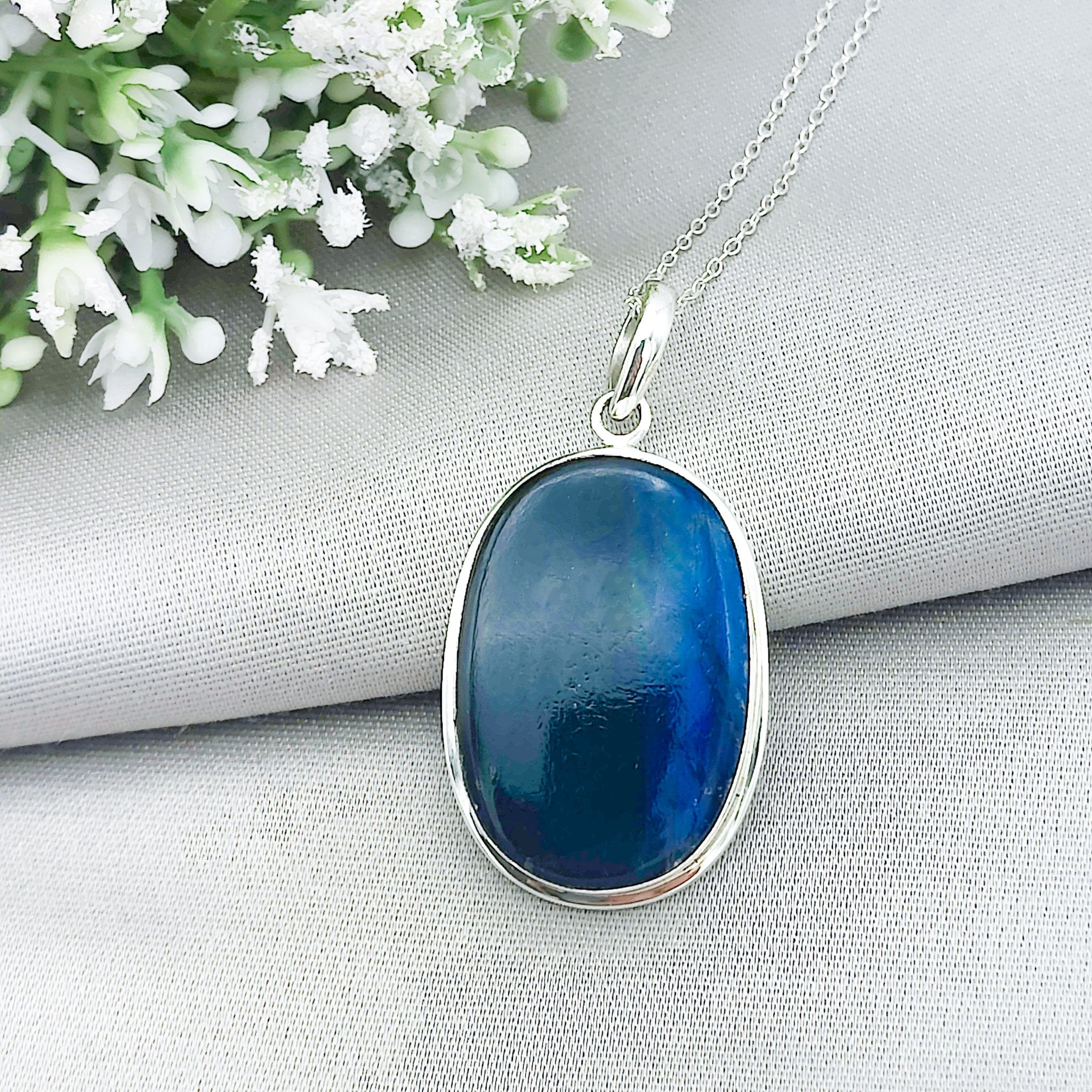 Hepburn and Hughes Labradorite Pendant | Blue Gemstone 30mm Oval | Sterling Silver