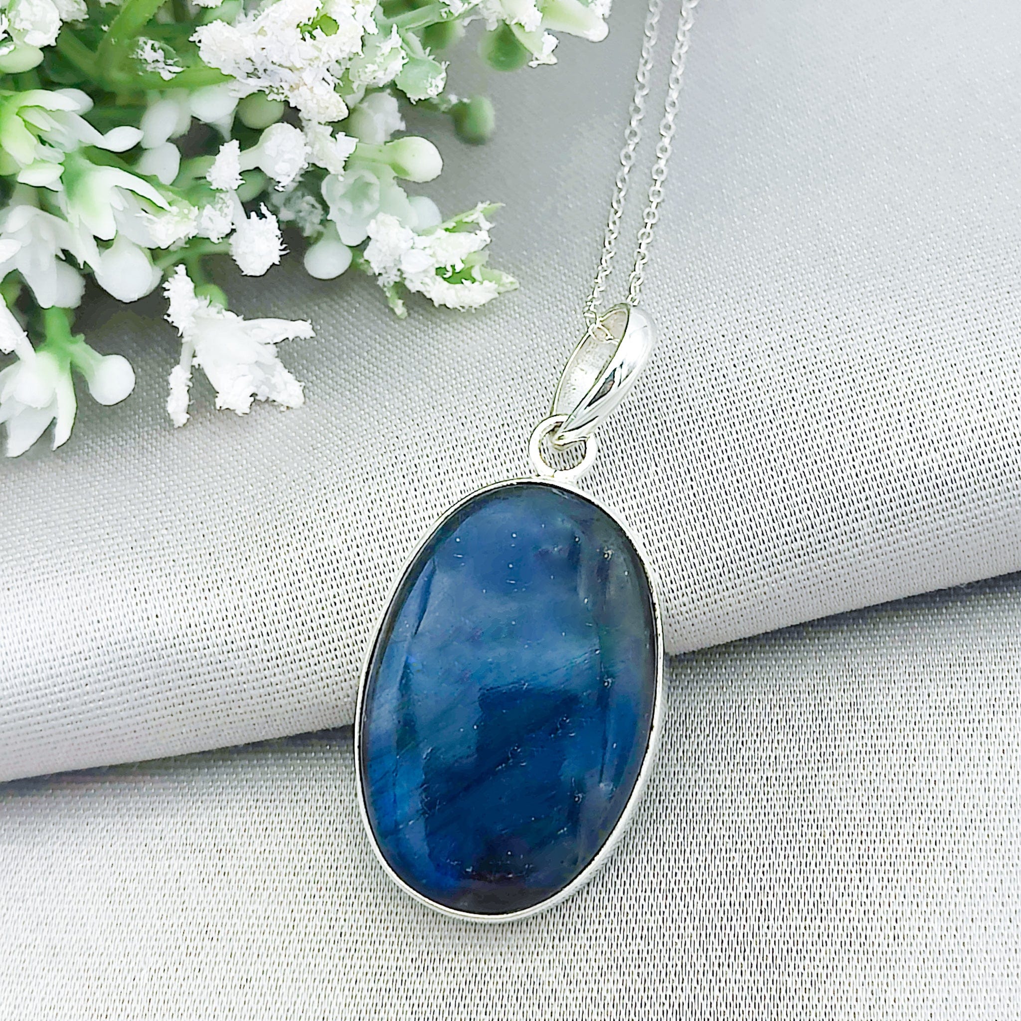 Hepburn and Hughes Labradorite Pendant | Blue Gemstone 30mm Oval | Sterling Silver