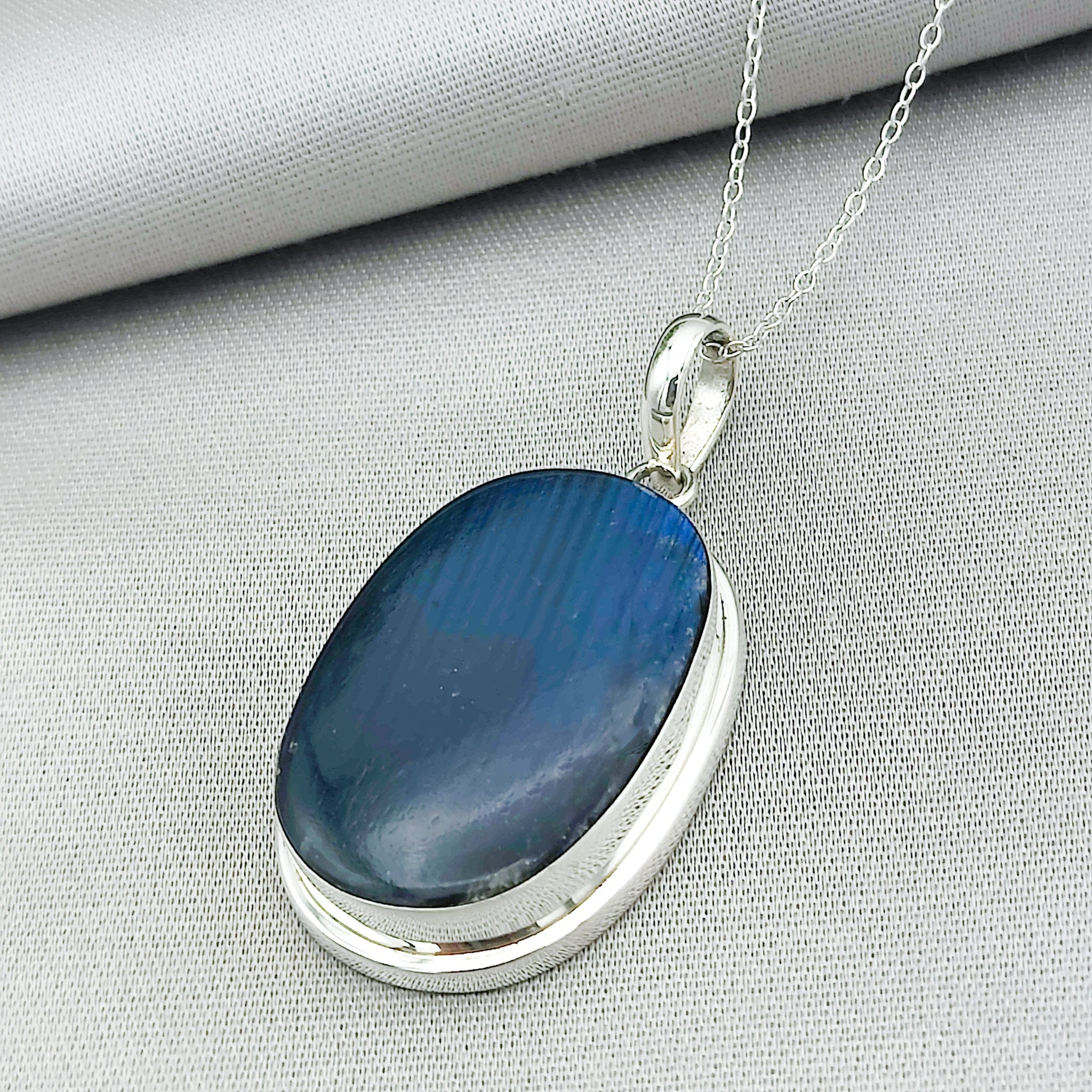 Hepburn and Hughes Labradorite Pendant | Blue Gemstone 30mm Oval | Sterling Silver