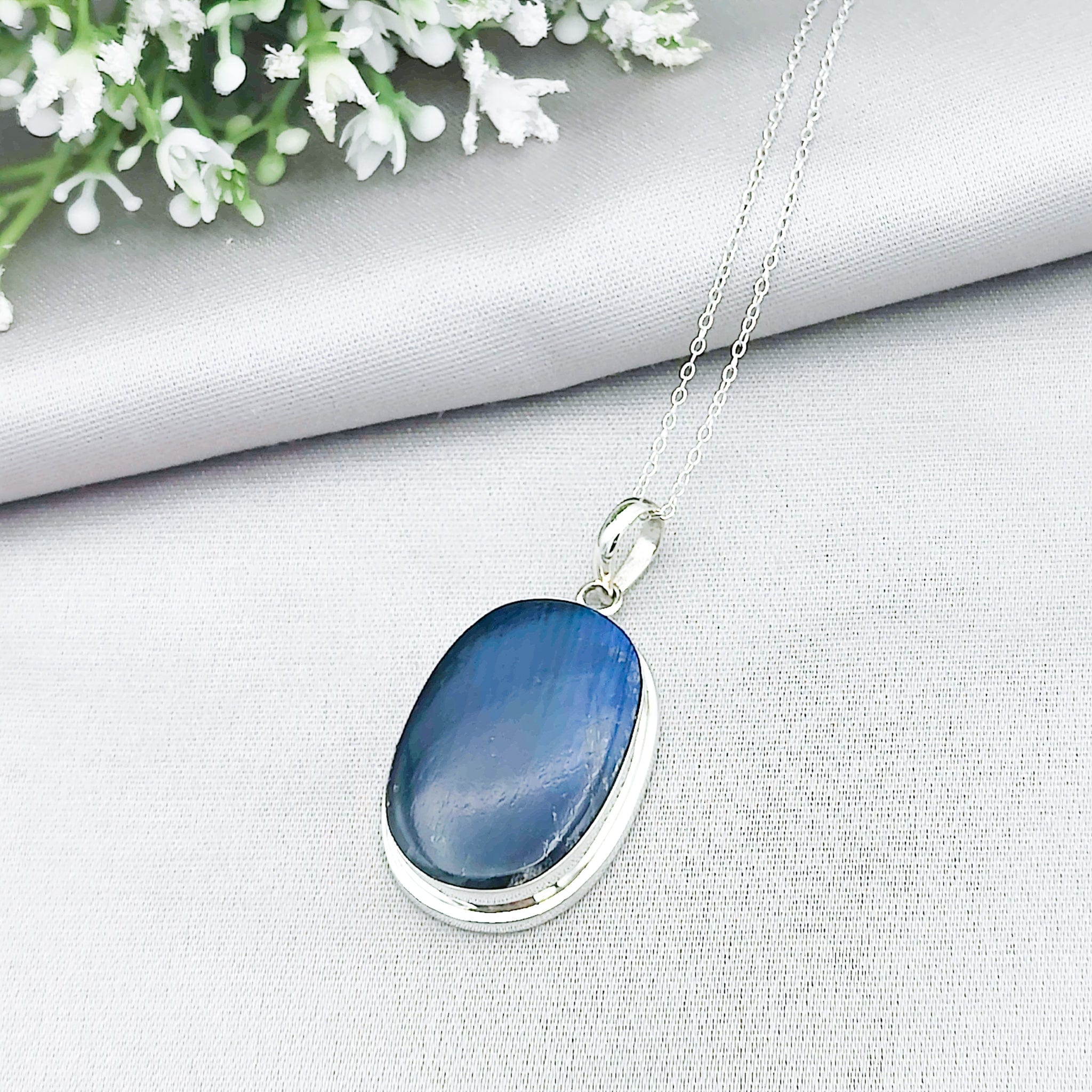 Hepburn and Hughes Labradorite Pendant | Blue Gemstone 30mm Oval | Sterling Silver