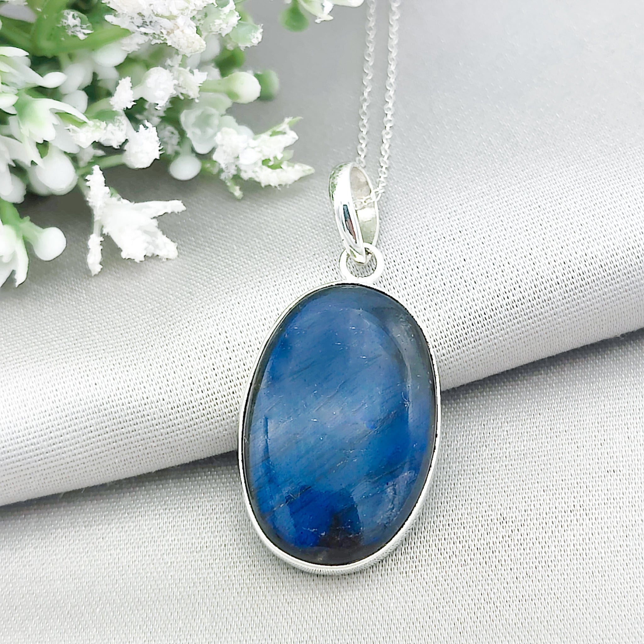 Hepburn and Hughes Labradorite Pendant | Blue Gemstone 30mm Oval | Sterling Silver