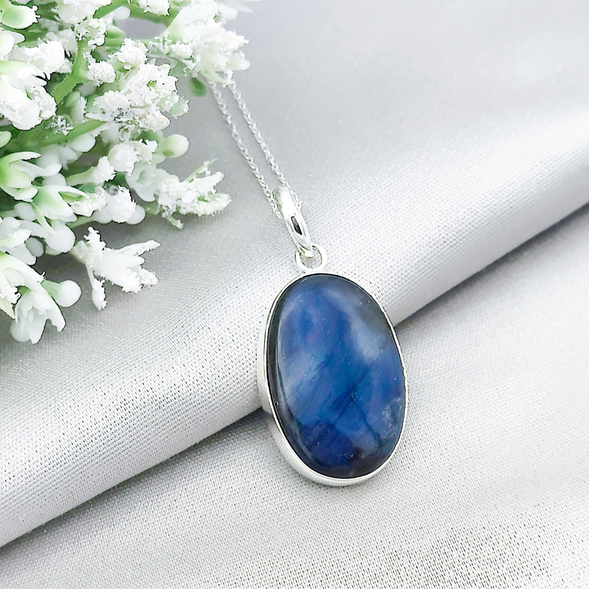 Hepburn and Hughes Labradorite Pendant | Blue Gemstone 30mm Oval | Sterling Silver