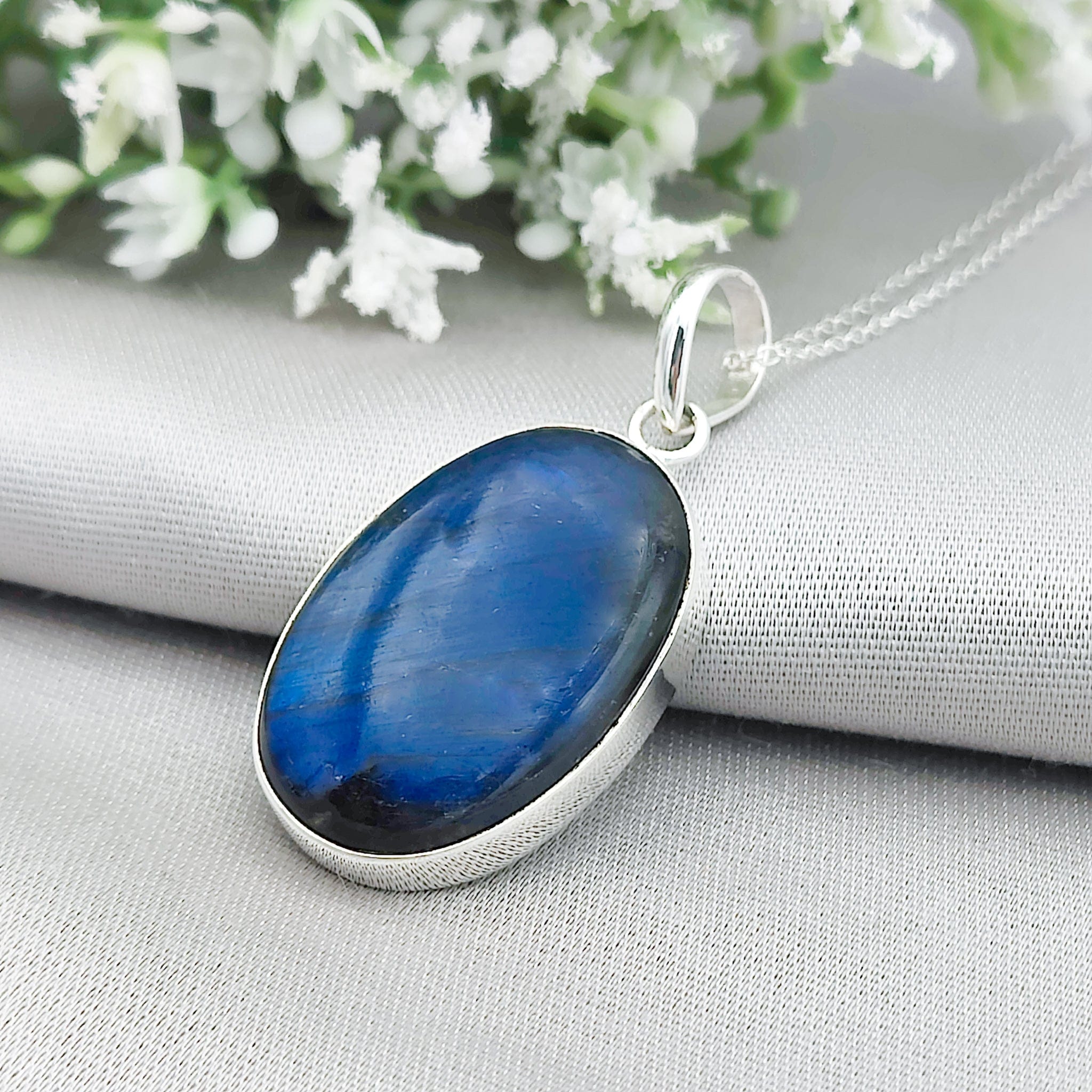 Hepburn and Hughes Labradorite Pendant | Blue Gemstone 30mm Oval | Sterling Silver