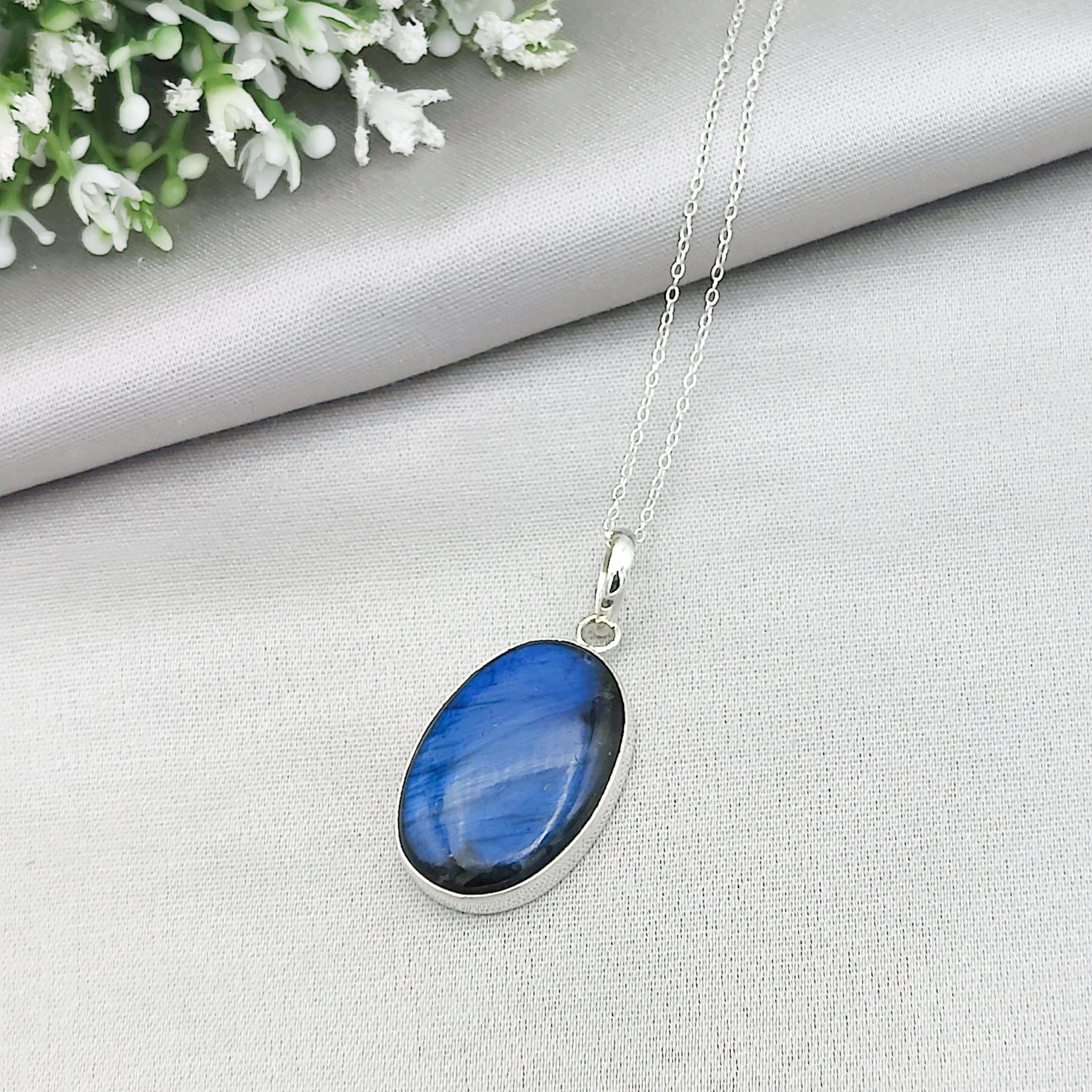 Hepburn and Hughes Labradorite Pendant | Blue Gemstone 30mm Oval | Sterling Silver