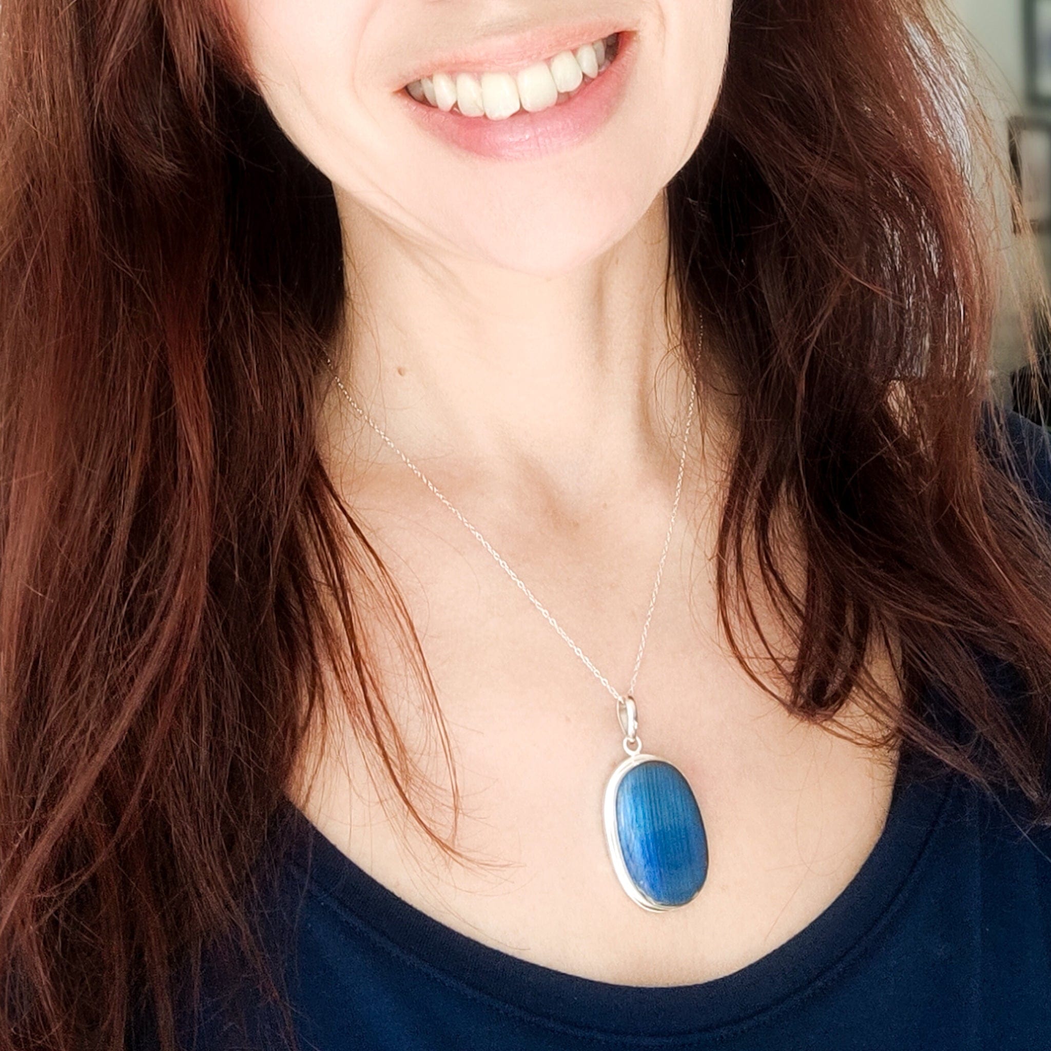 Hepburn and Hughes Labradorite Pendant | Blue Gemstone 30mm Oval | Sterling Silver