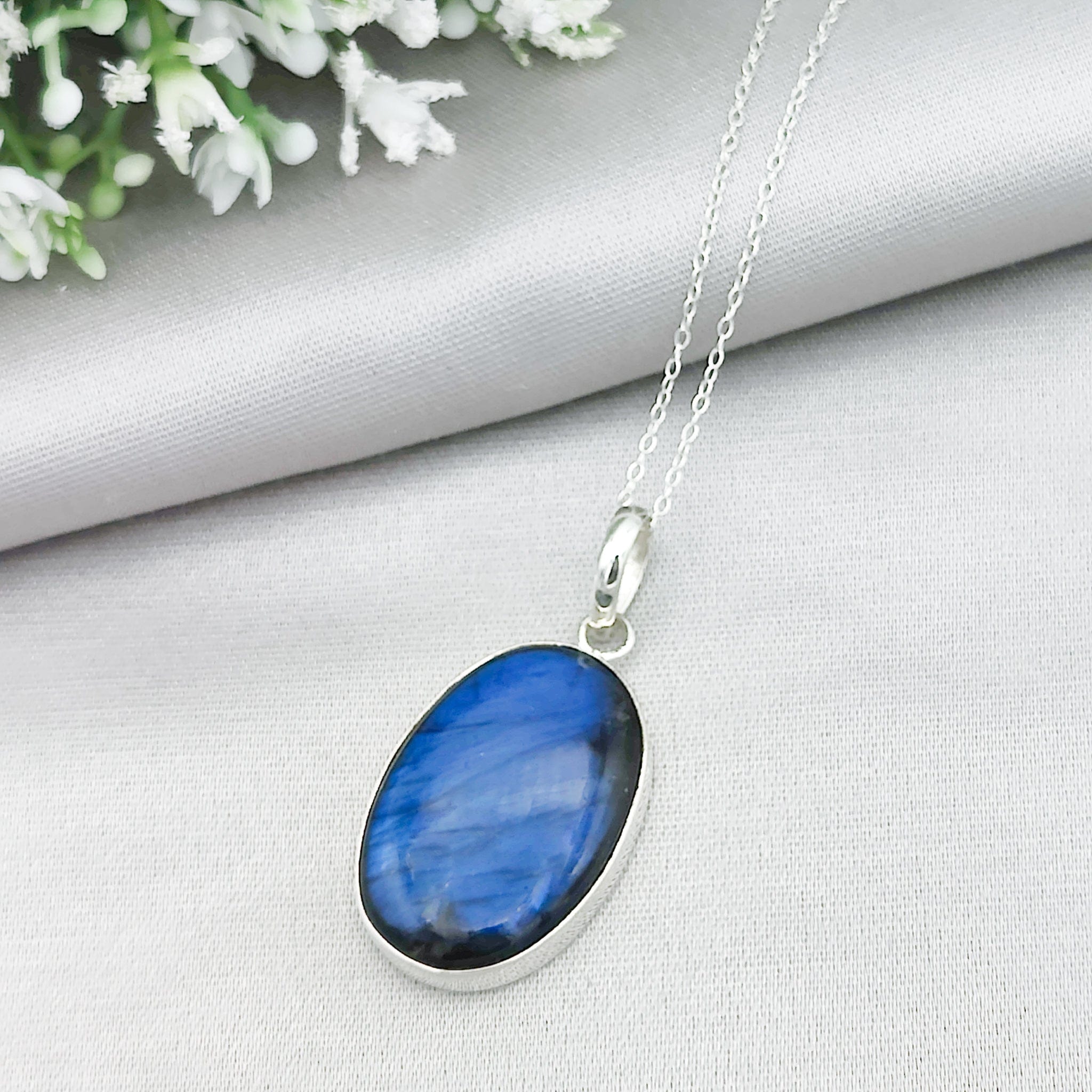 Hepburn and Hughes Labradorite Pendant | Blue Gemstone 30mm Oval | Sterling Silver