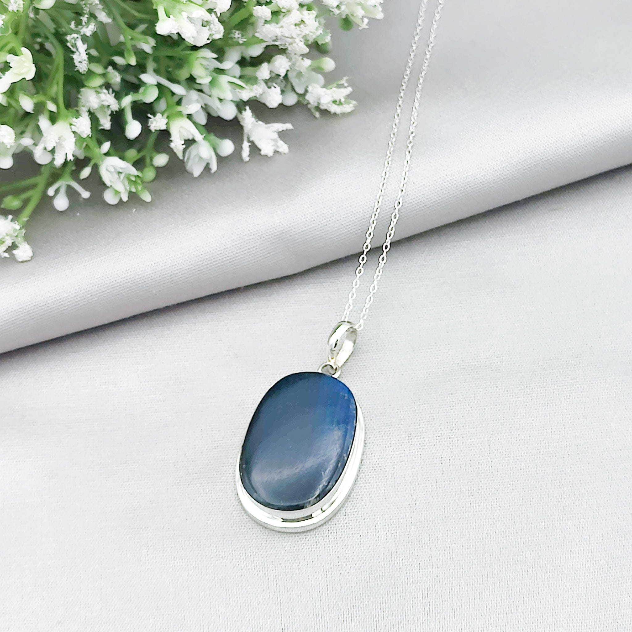 Hepburn and Hughes Labradorite Pendant | Blue Gemstone 30mm Oval | Sterling Silver