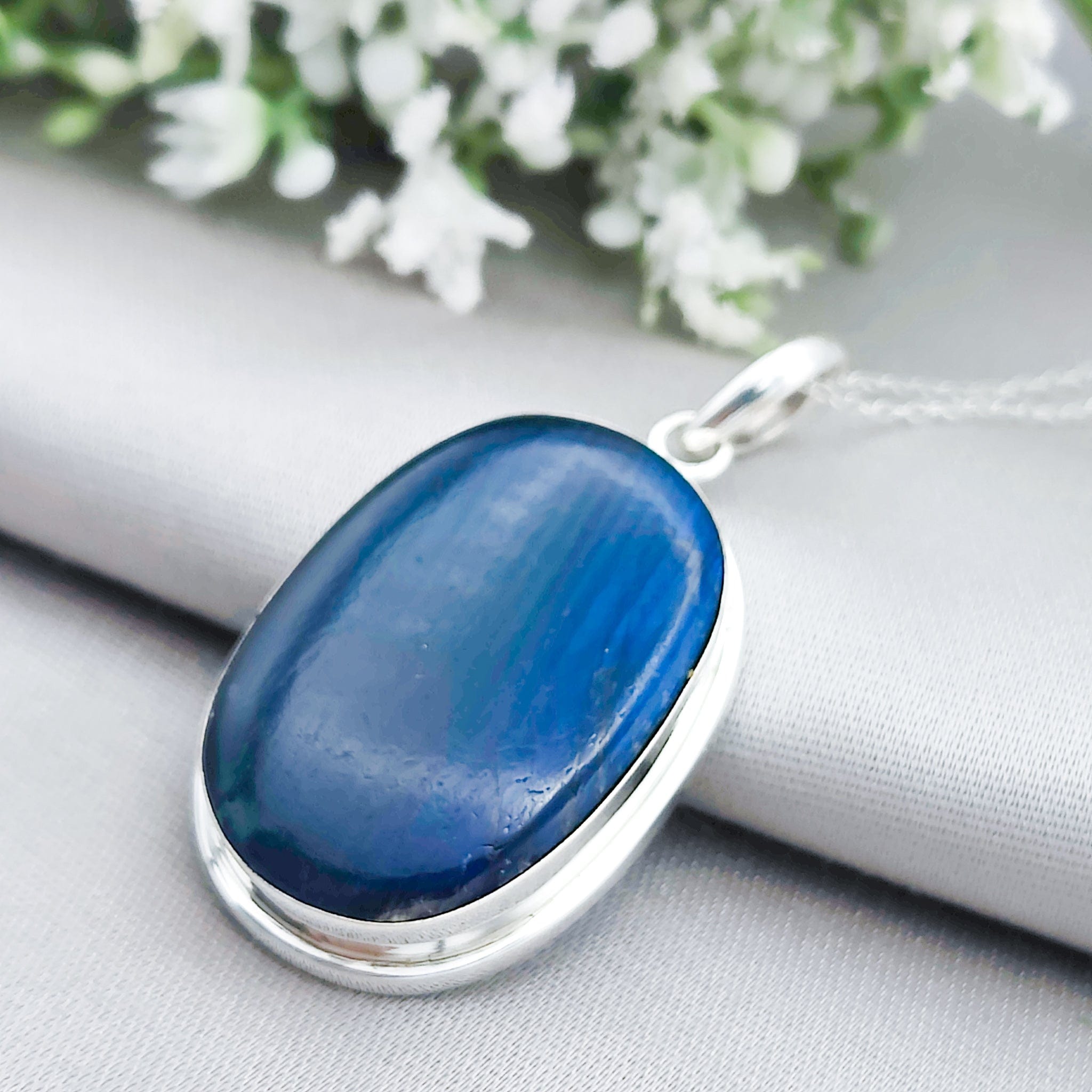 Hepburn and Hughes Labradorite Pendant | Blue Gemstone 30mm Oval | Sterling Silver