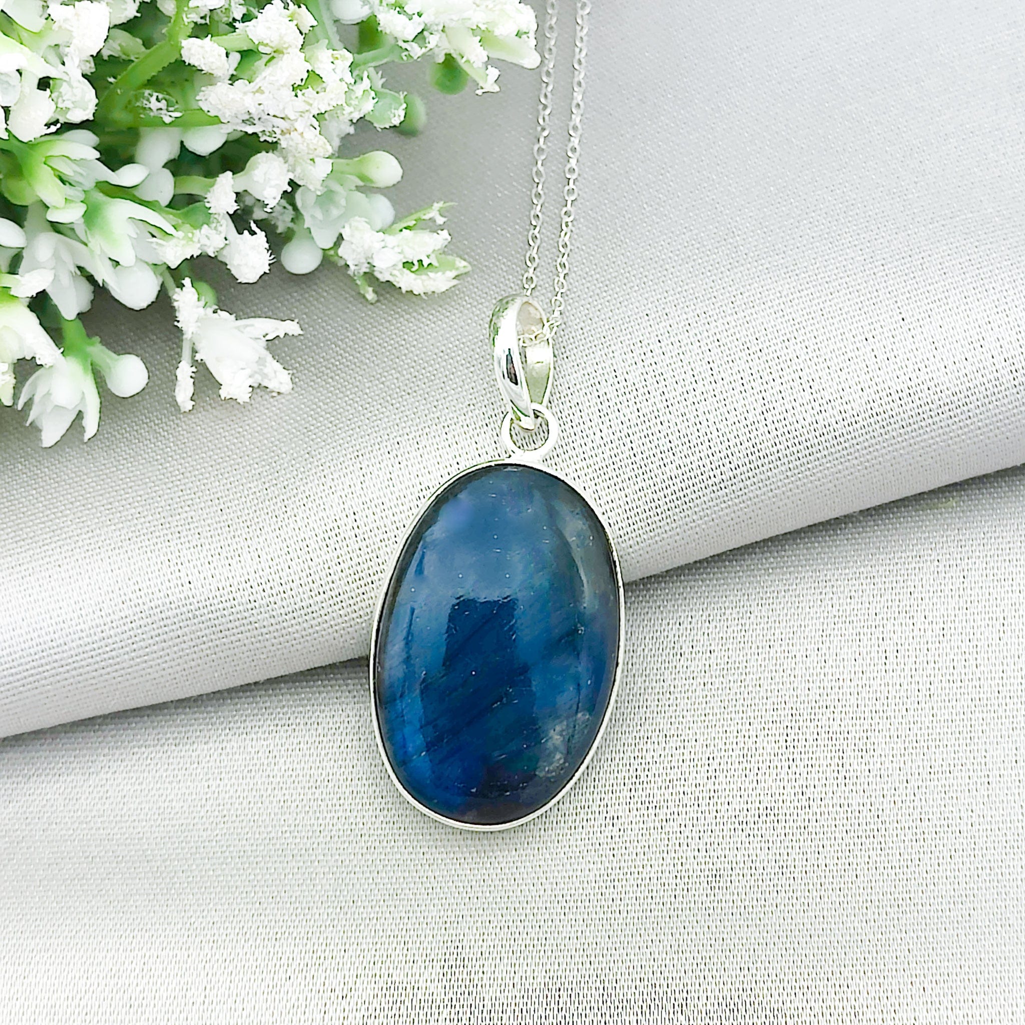 Hepburn and Hughes Labradorite Pendant | Blue Gemstone 30mm Oval | Sterling Silver