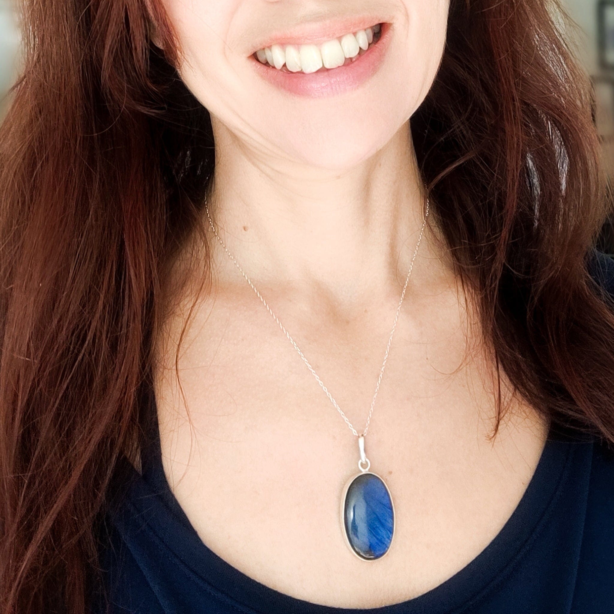 Hepburn and Hughes Labradorite Pendant | Blue Gemstone 30mm Oval | Sterling Silver