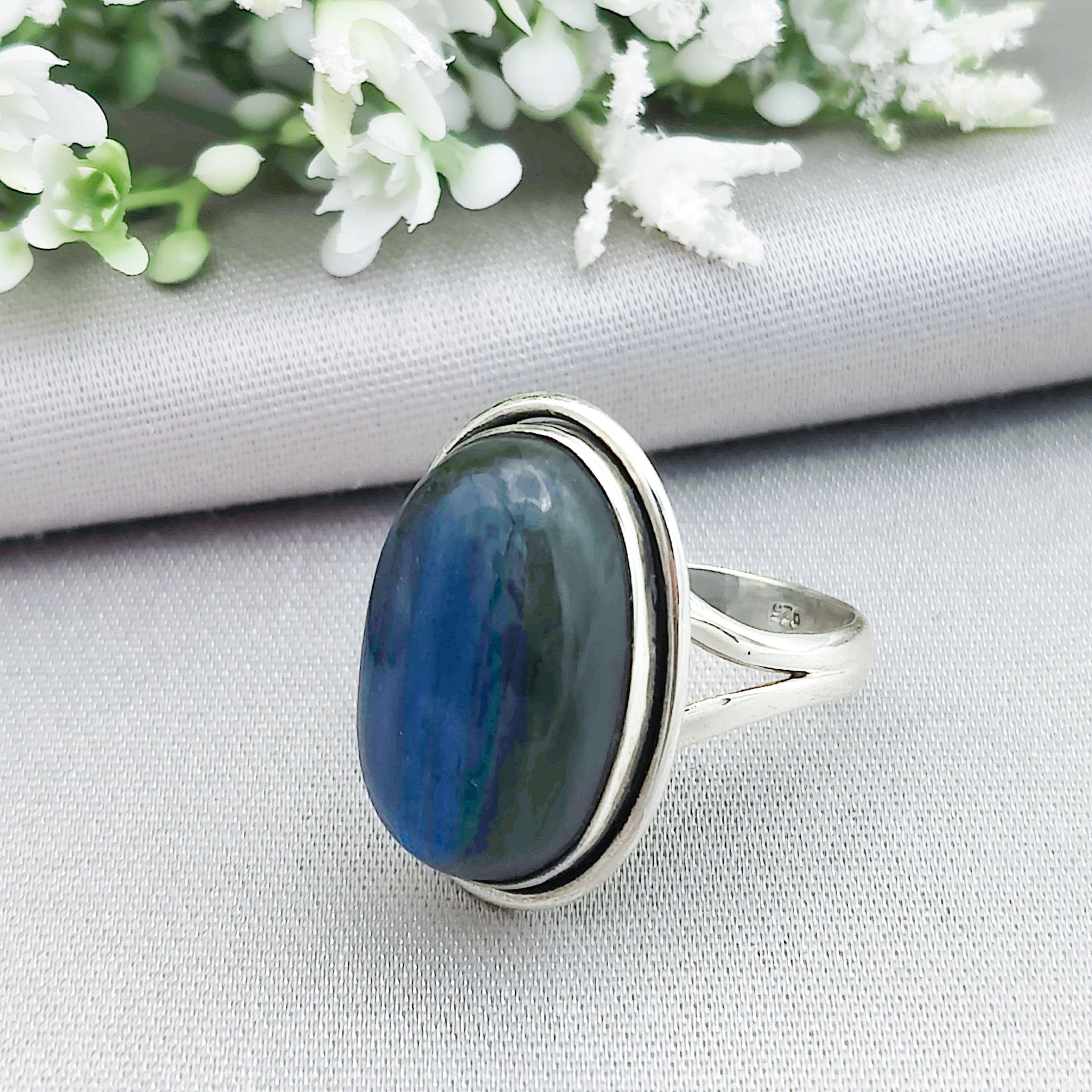 Hepburn and Hughes Labradorite Ring | Large Oval Blue Gemstone | Sterling Silver