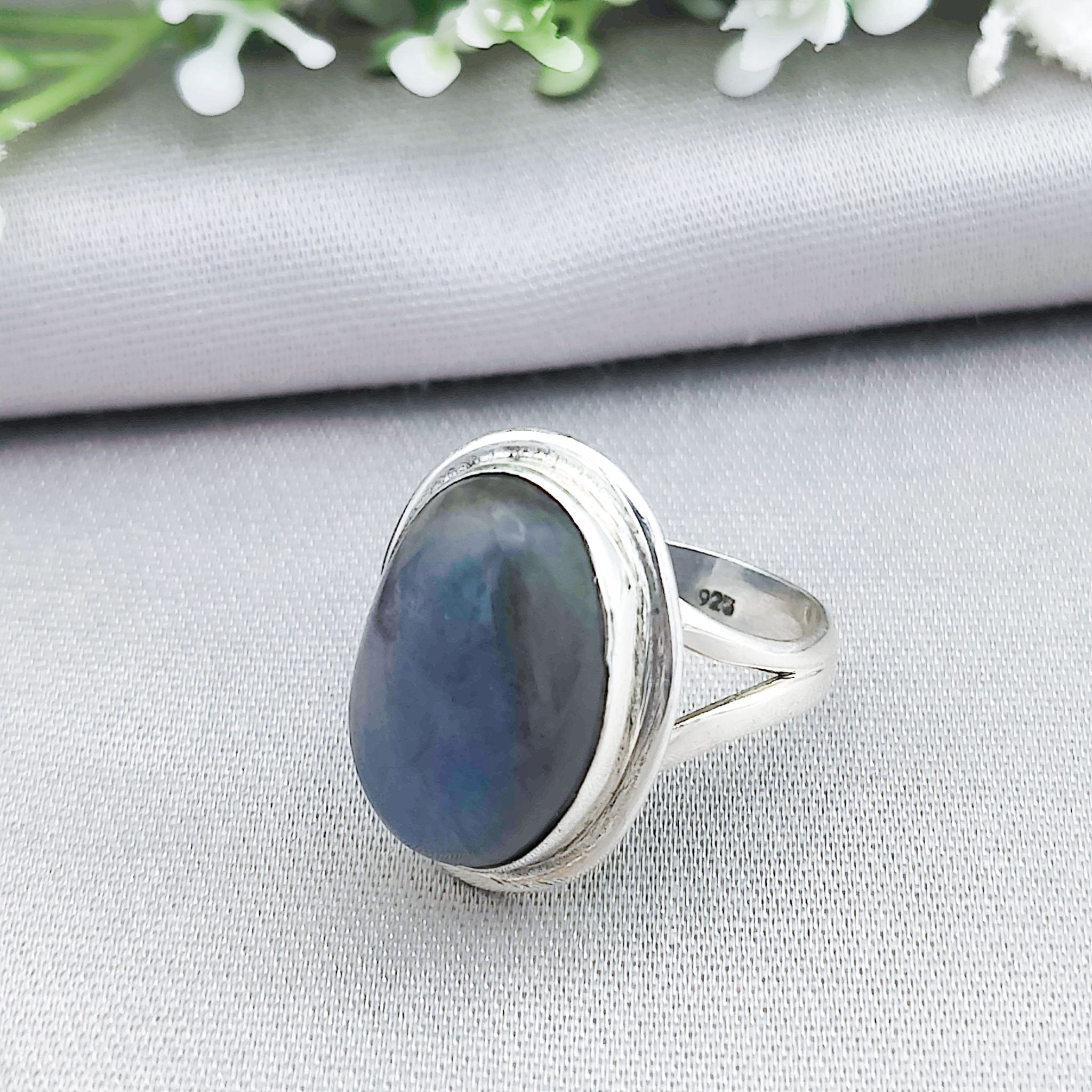 Hepburn and Hughes Labradorite Ring | Large Oval Blue Gemstone | Sterling Silver