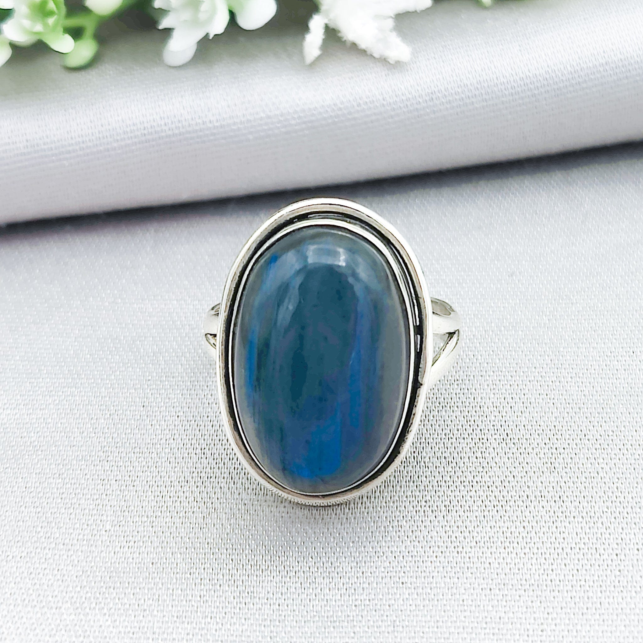 Hepburn and Hughes Labradorite Ring | Large Oval Blue Gemstone | Sterling Silver