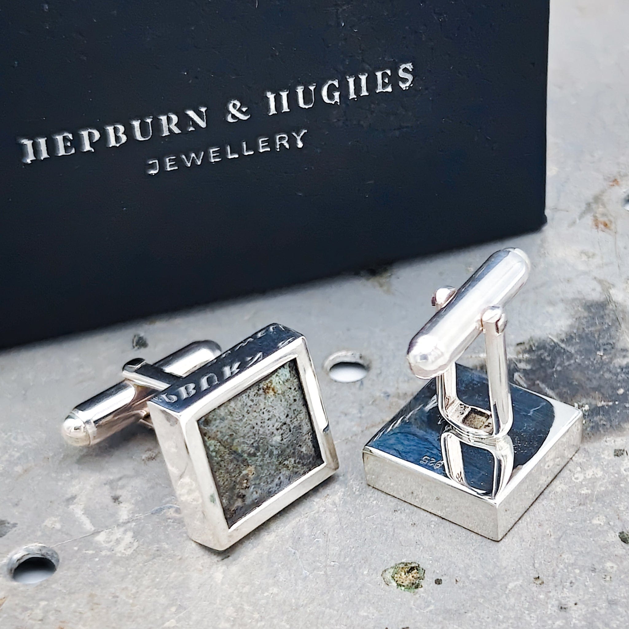 Handcrafted sterling silver cufflinks and jewellery featuring genuine reclaimed WWII Lancaster Bomber aluminium, with Certificate of Authenticity