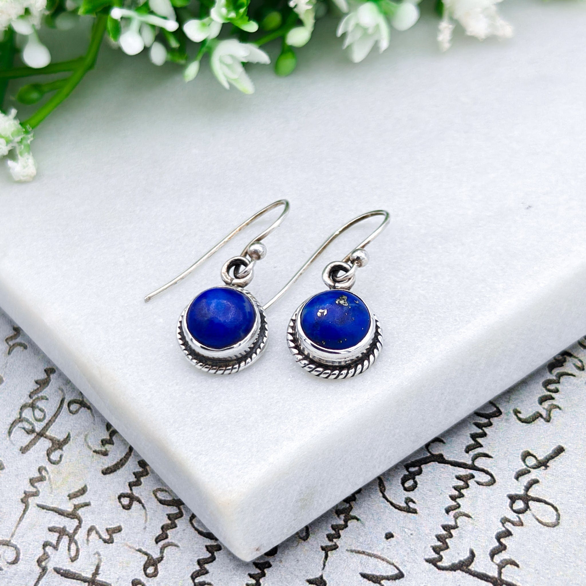 Hepburn and Hughes Lapis Lazuli Drop Earrings | Ornate Round Gemstones in Ornate Sterling Silver | September Birthstone