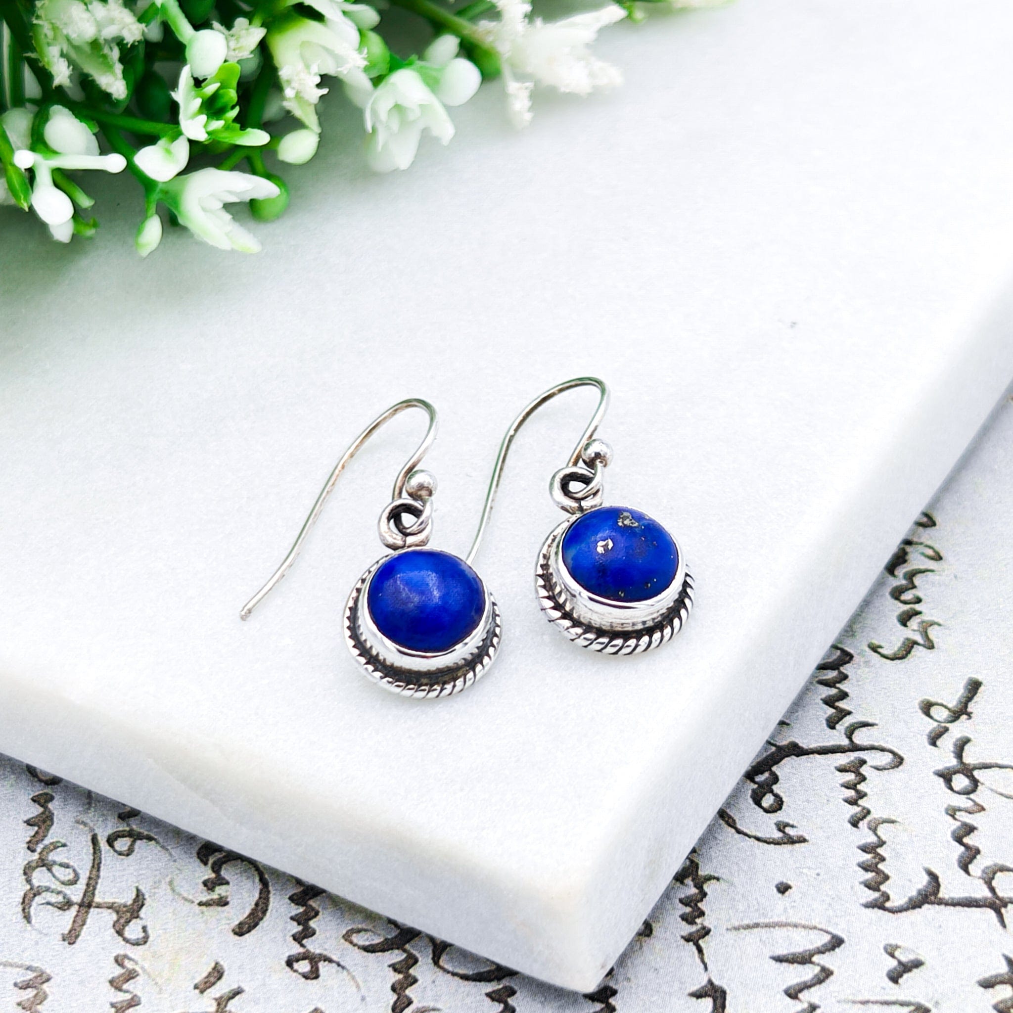 Hepburn and Hughes Lapis Lazuli Drop Earrings | Ornate Round Gemstones in Ornate Sterling Silver | September Birthstone