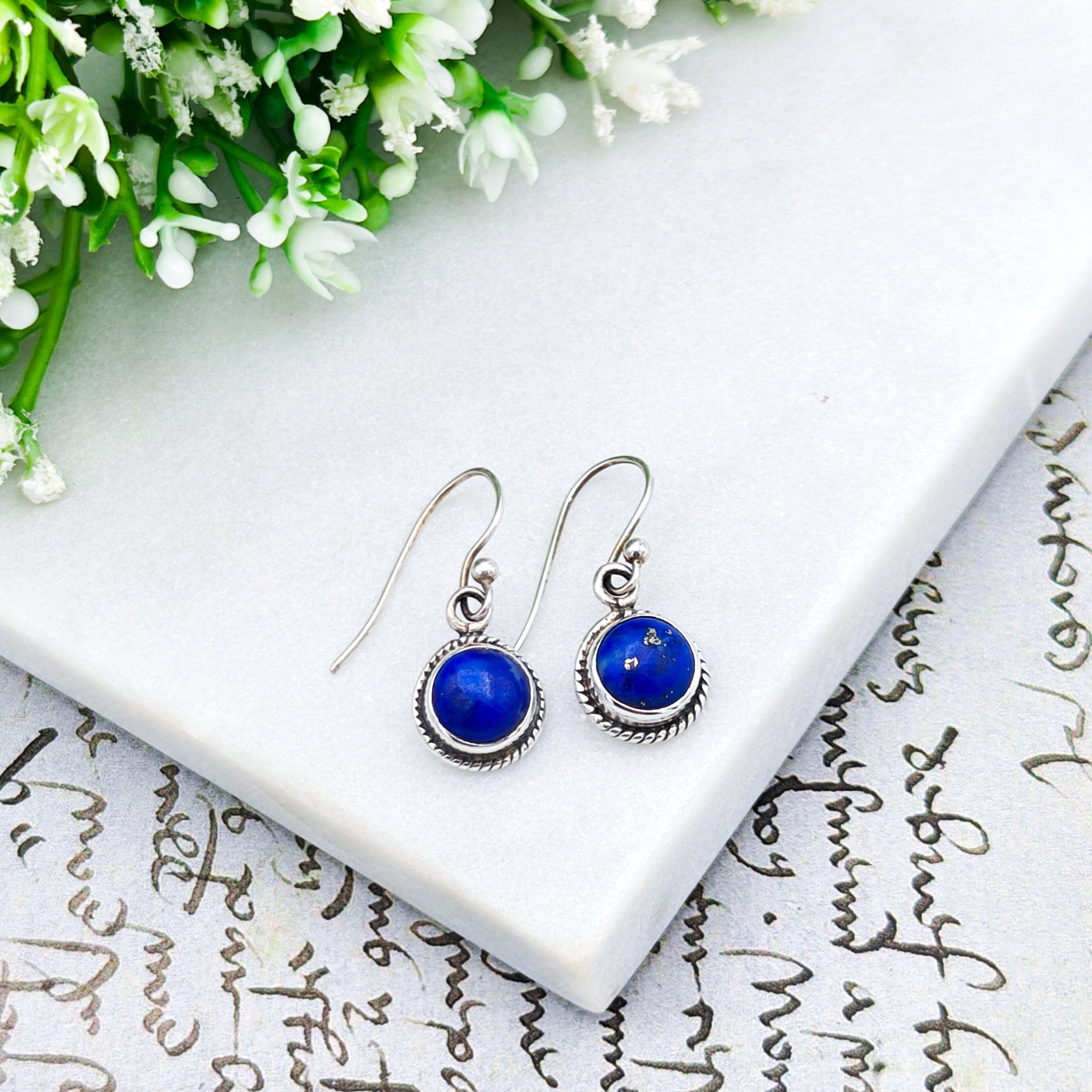 Hepburn and Hughes Lapis Lazuli Drop Earrings | Ornate Round Gemstones in Ornate Sterling Silver | September Birthstone