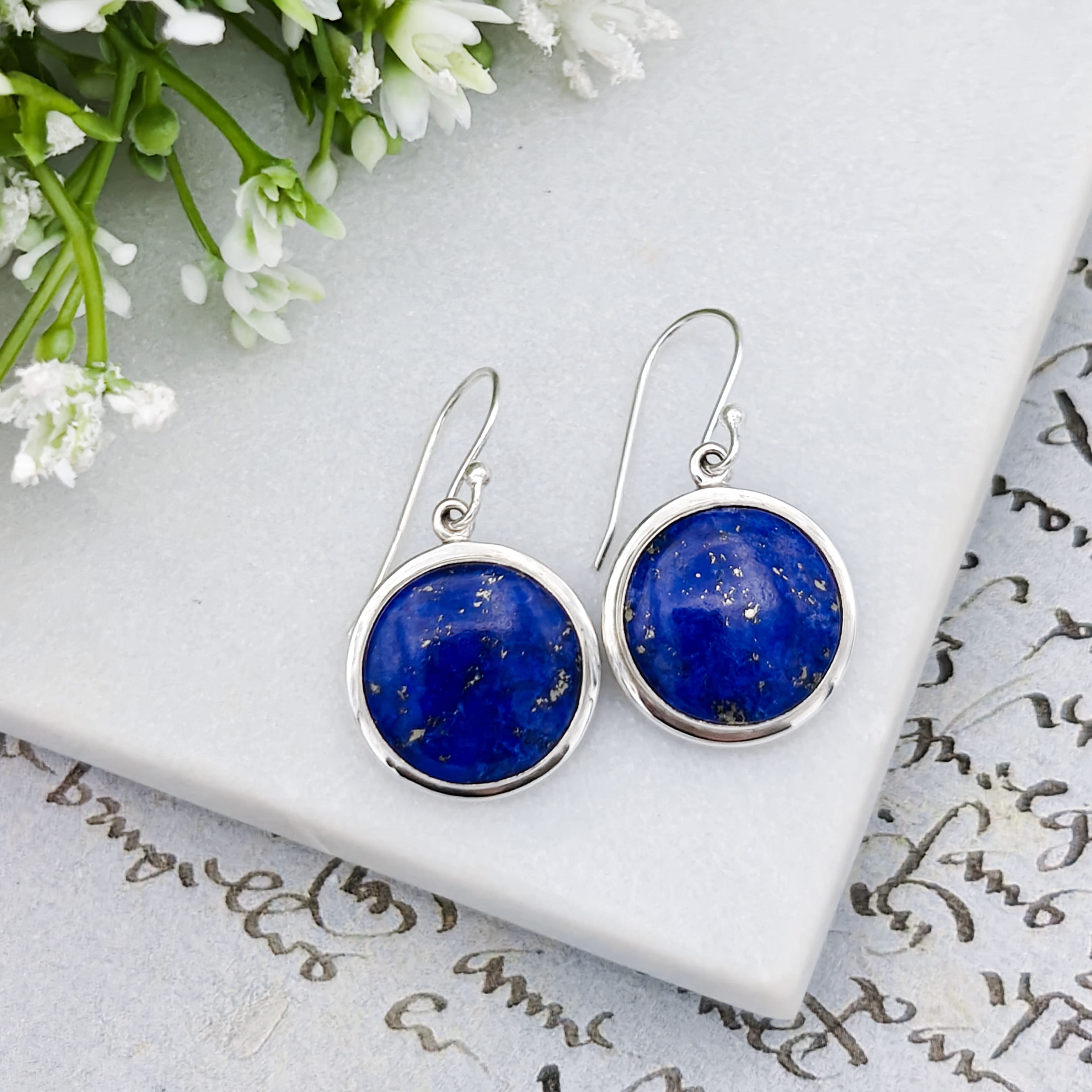 Hepburn and Hughes Lapis Lazuli Earrings | 15mm Round | September Birthstone | Sterling Silver