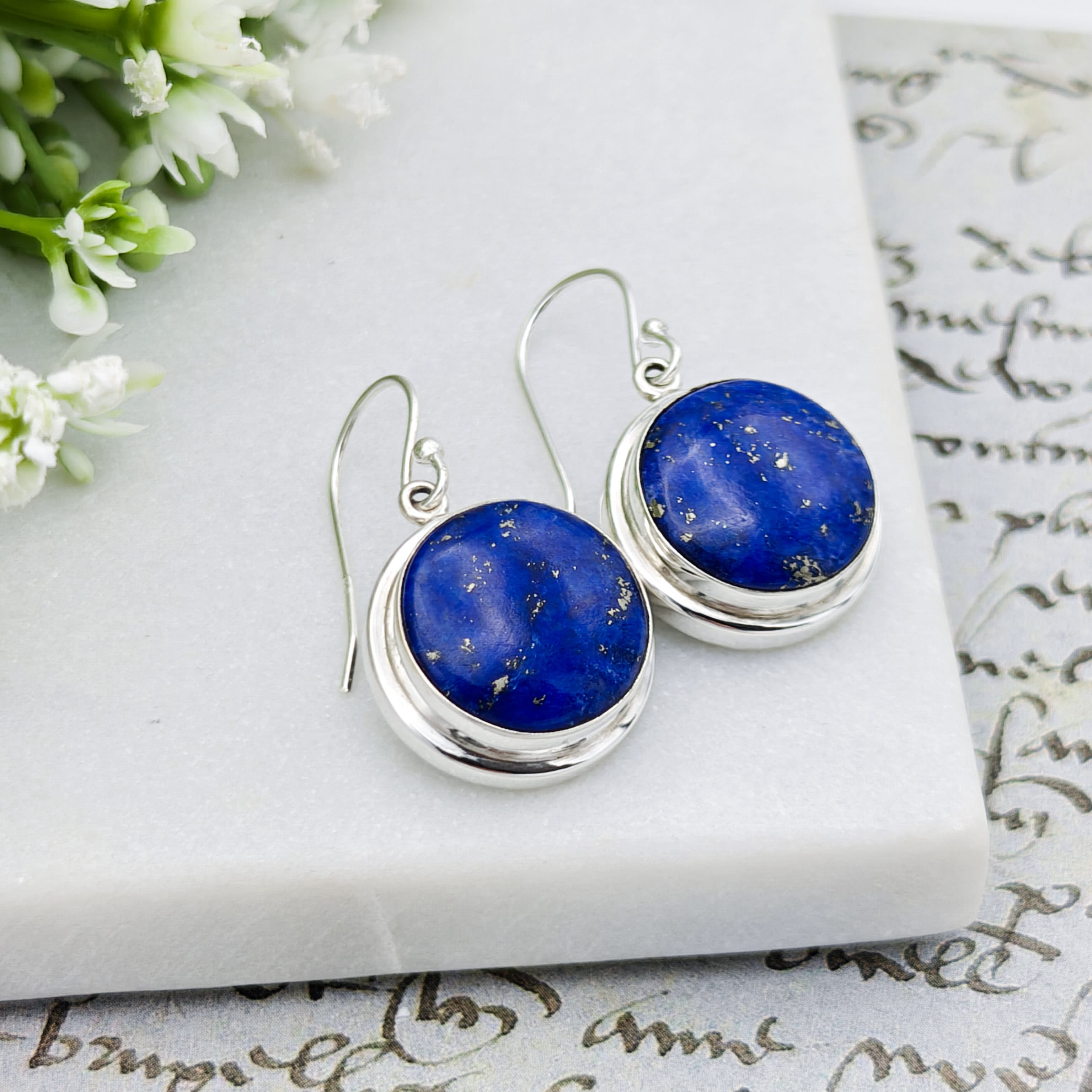 Hepburn and Hughes Lapis Lazuli Earrings | 15mm Round | September Birthstone | Sterling Silver